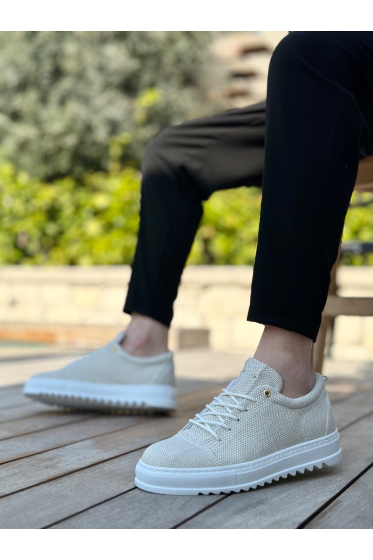 Bağcıklı Keten Erkek Ayakkabı KREM (BEYAZ TABAN) - Görsel 4