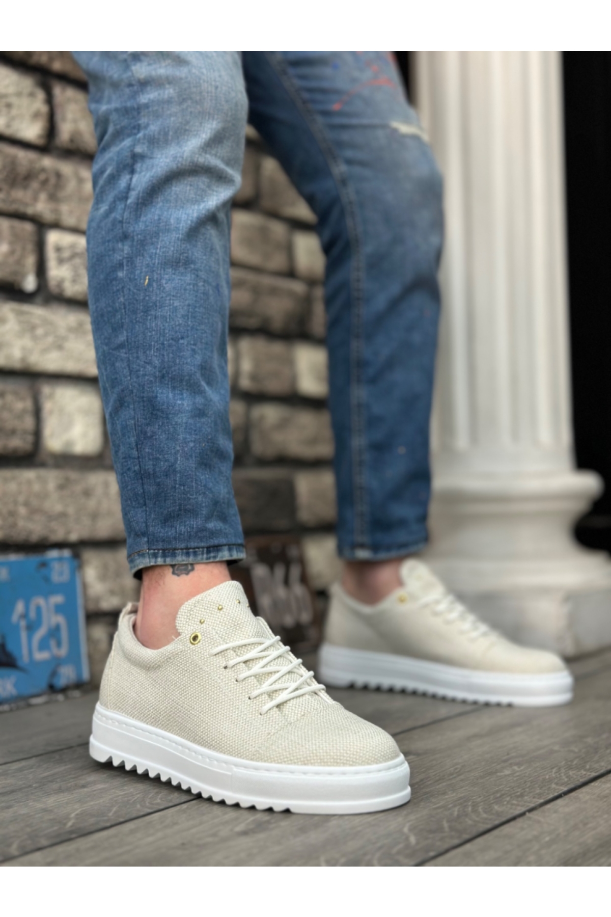 Bağcıklı Keten Erkek Ayakkabı KREM (BEYAZ TABAN) - Görsel 5