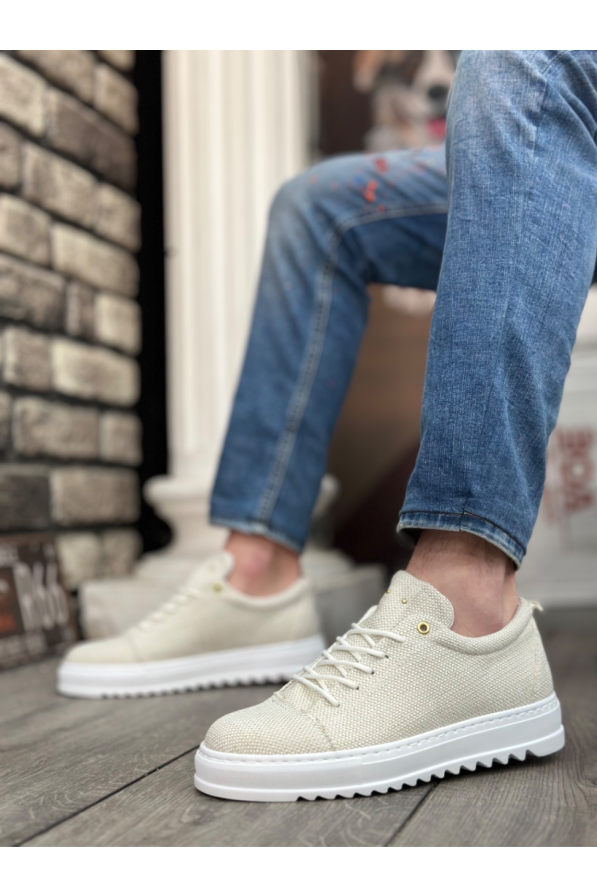 Bağcıklı Keten Erkek Ayakkabı KREM (BEYAZ TABAN) - Görsel 6