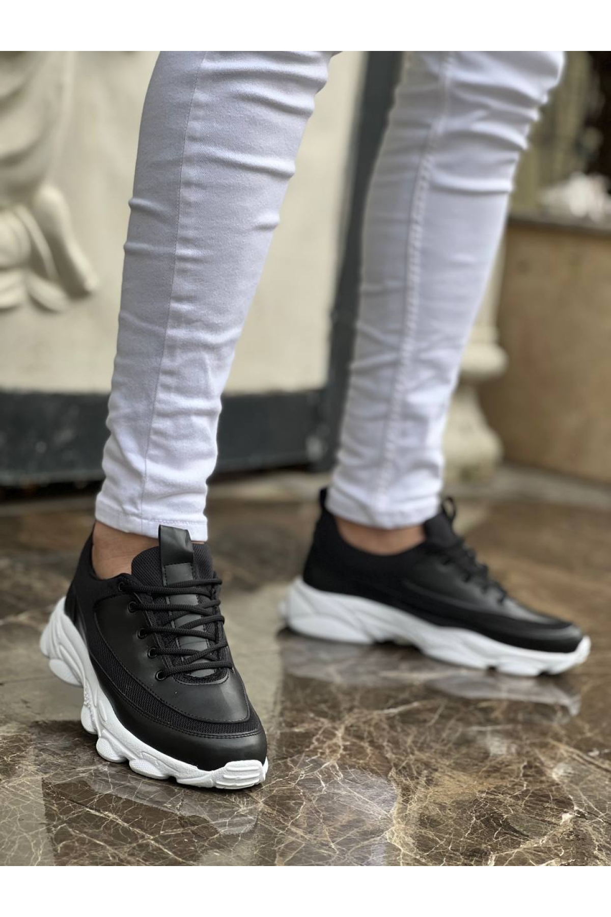 Bağcıklı Erkek Günlük Ayakkabı SİYAH (BEYAZ TABAN) - Görsel 2