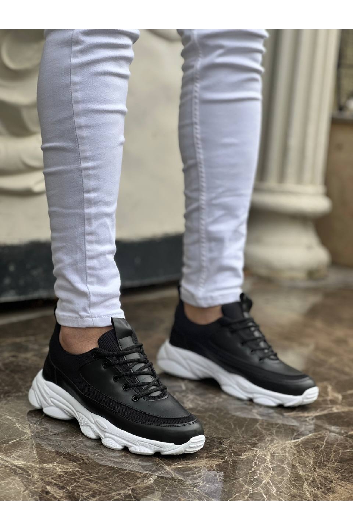 Bağcıklı Erkek Günlük Ayakkabı SİYAH (BEYAZ TABAN) - Görsel 3