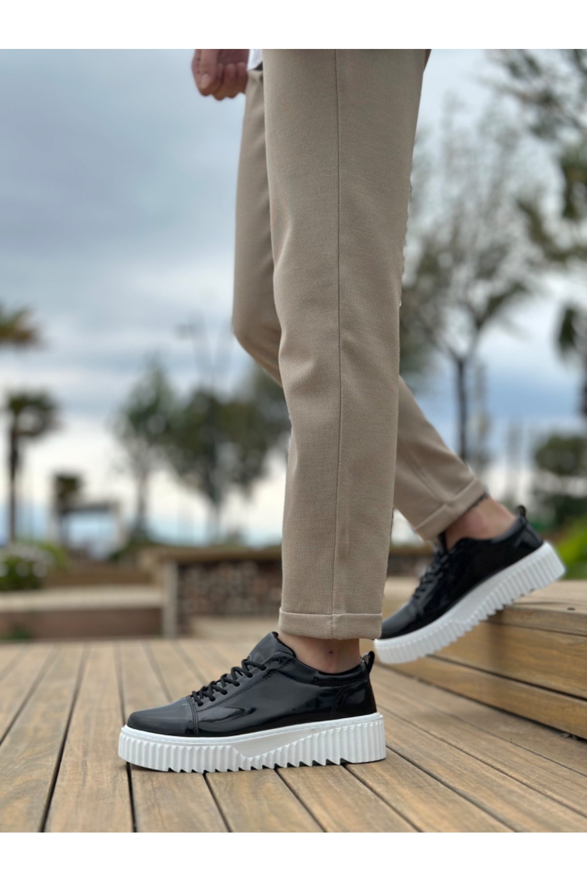 Bağcıklı Erkek Ayakkabı SİYAH RUGAN (BEYAZ TABAN) - Görsel 3