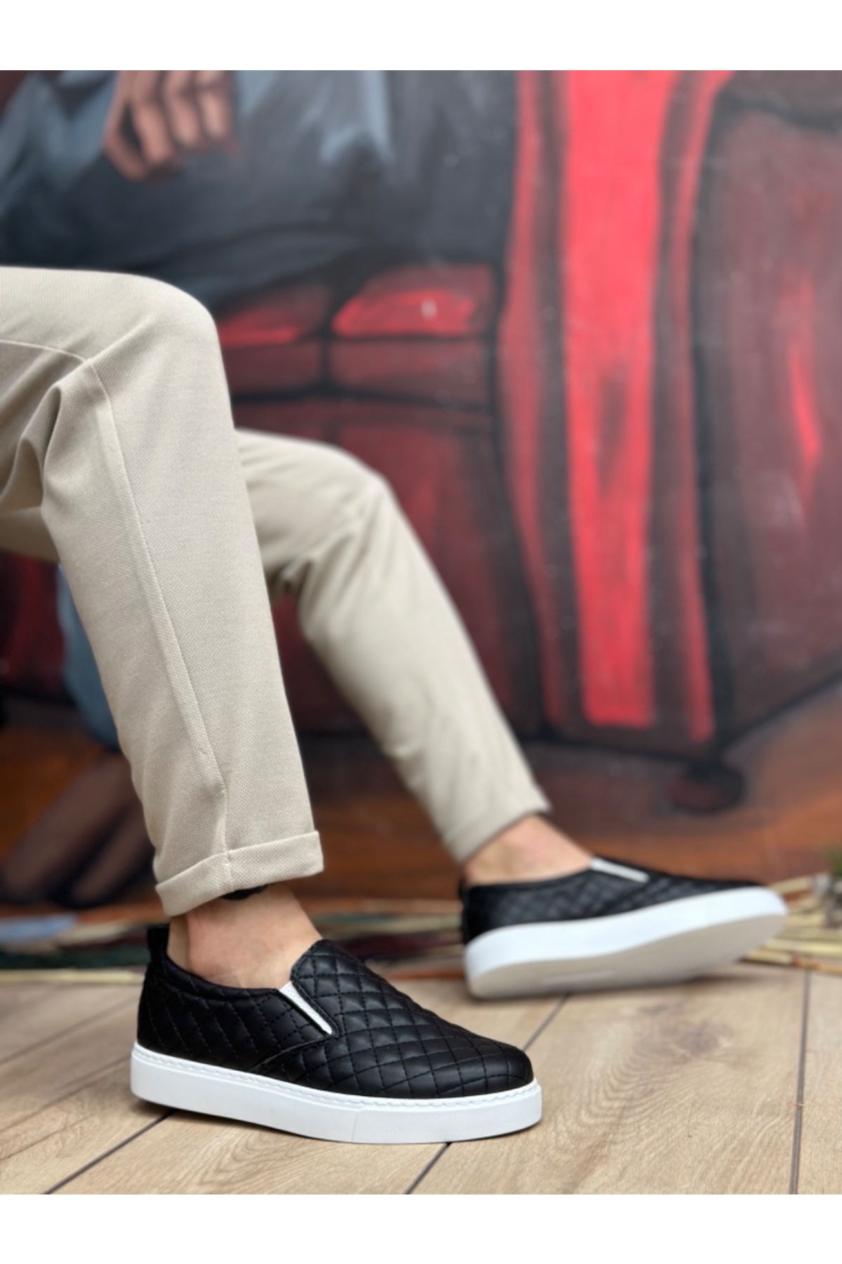 Bağcıksız Kapitone Erkek Günlük Ayakkabı SİYAH (BEYAZ TABAN) - Görsel 2