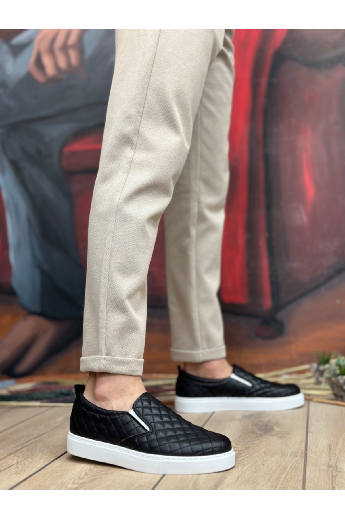 Bağcıksız Kapitone Erkek Günlük Ayakkabı SİYAH (BEYAZ TABAN) - Görsel 3