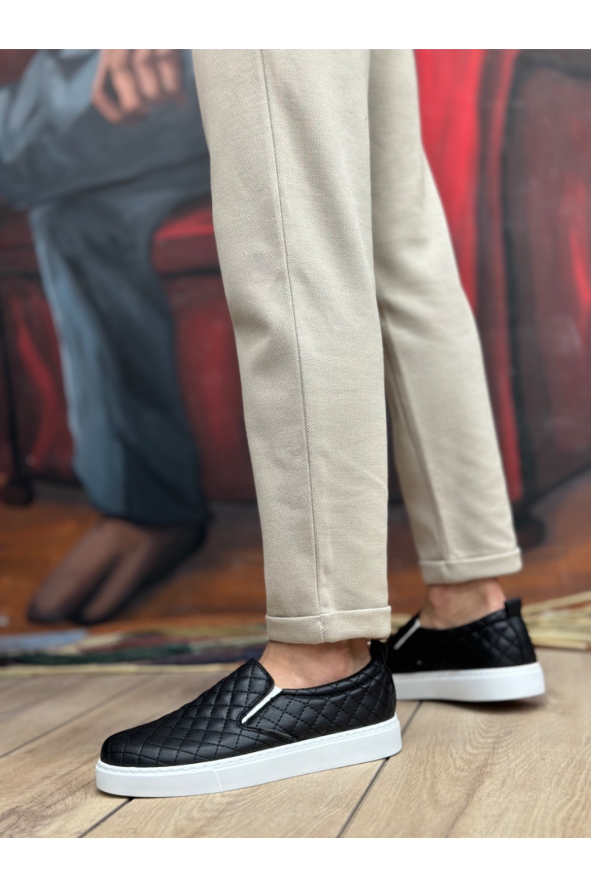 Bağcıksız Kapitone Erkek Günlük Ayakkabı SİYAH (BEYAZ TABAN) - Görsel 4
