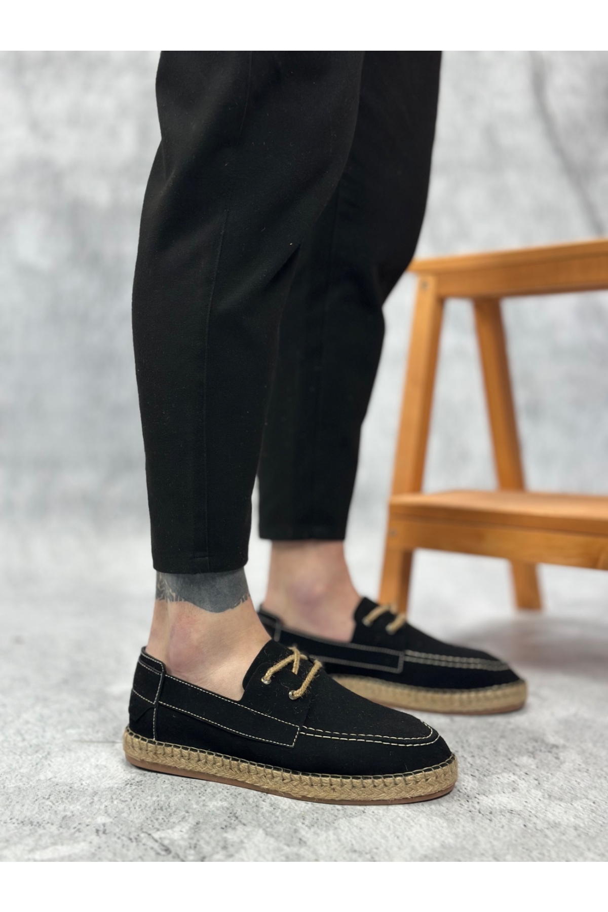 Bağcık Detaylı Doğal Deri Tozu Kauçuk El Yapımı Espadril Erkek Ayakkabı SİYAH - Görsel 2
