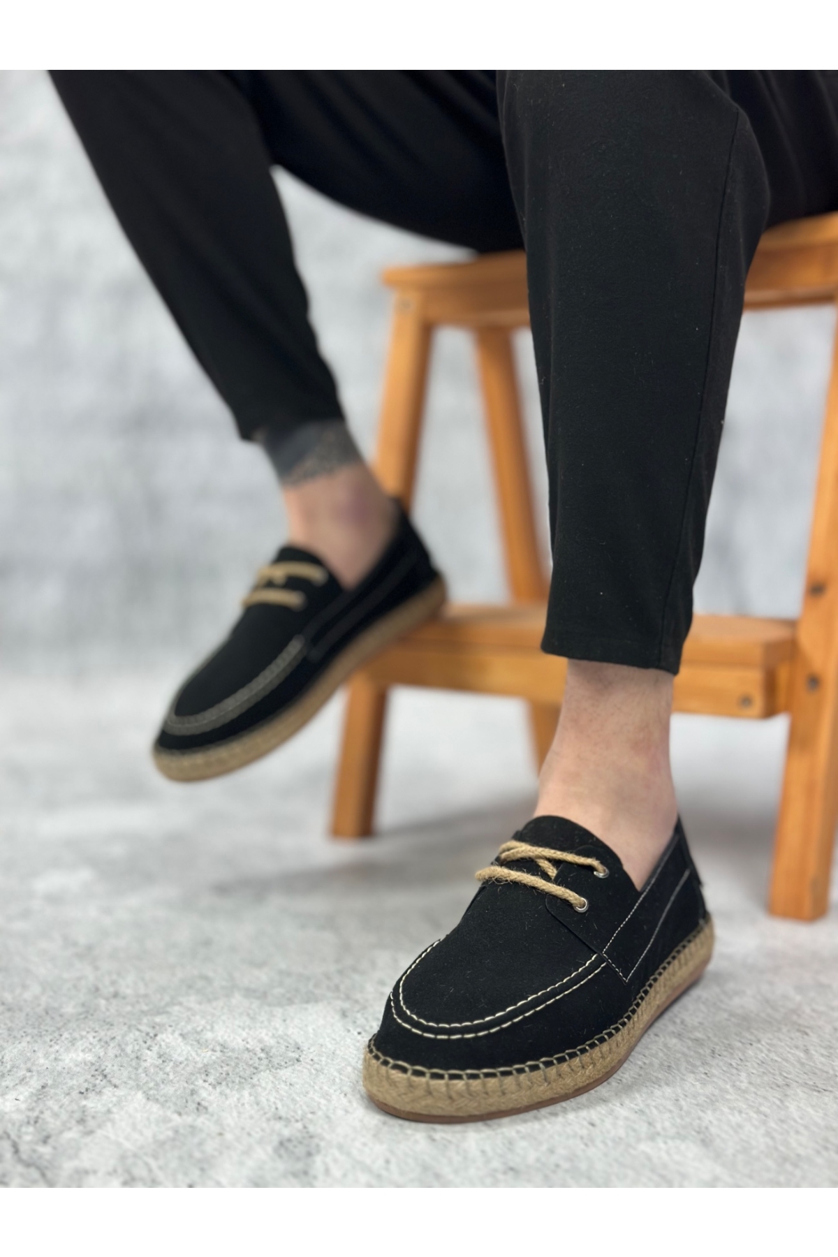 Bağcık Detaylı Doğal Deri Tozu Kauçuk El Yapımı Espadril Erkek Ayakkabı SİYAH - Görsel 3