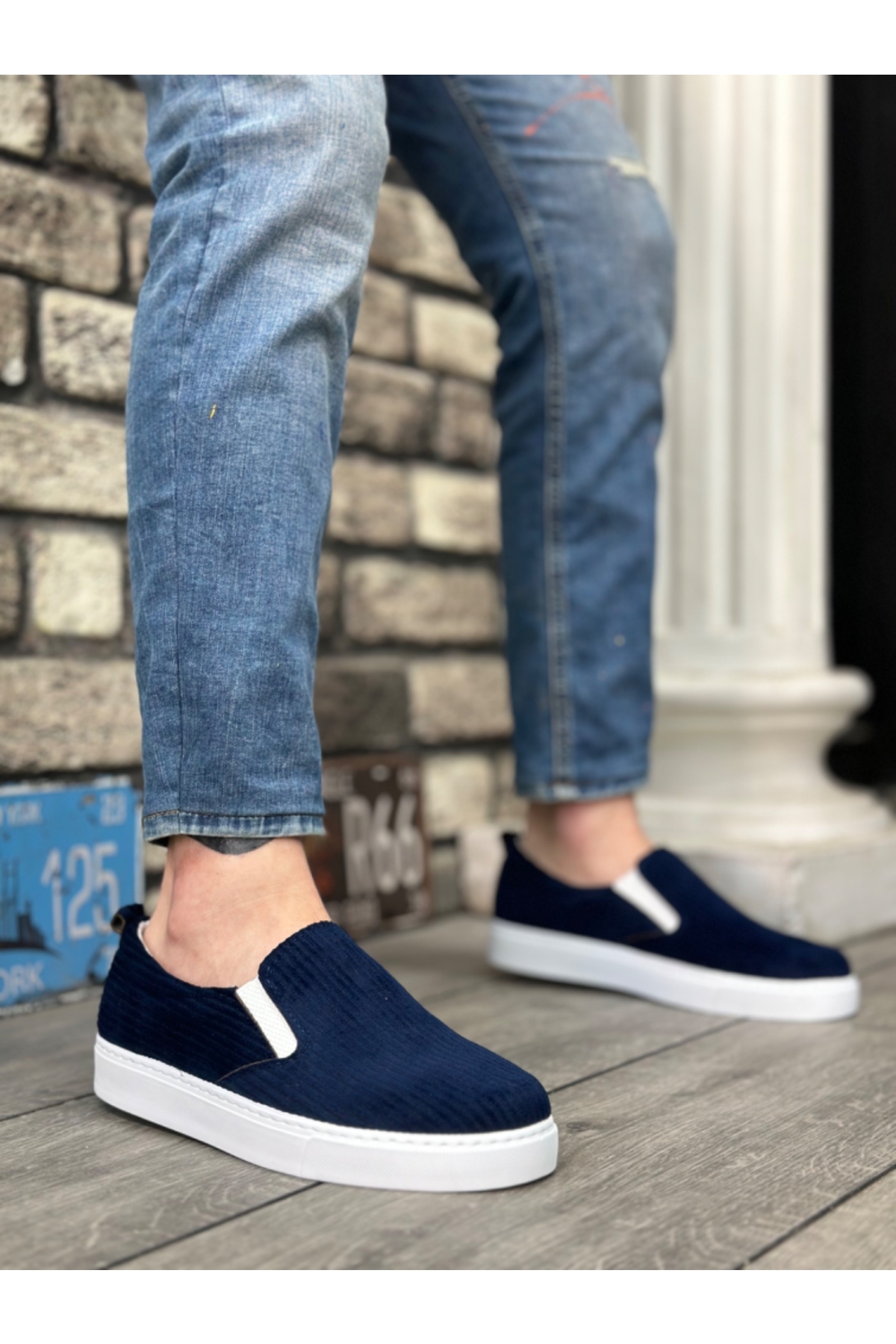 Bağcıksız Kadife Erkek Günlük Ayakkabı LACİVERT (BEYAZ TABAN) - Görsel 2