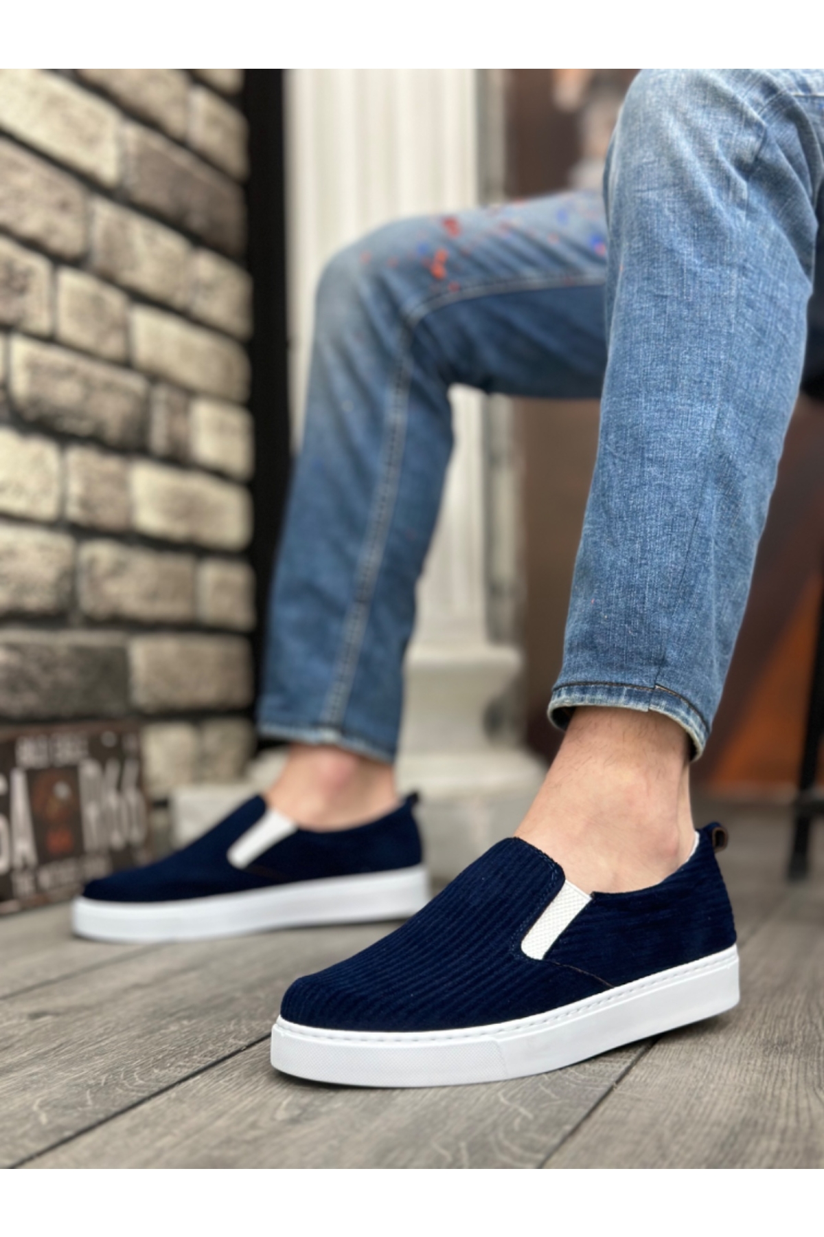 Bağcıksız Kadife Erkek Günlük Ayakkabı LACİVERT (BEYAZ TABAN) - Görsel 3