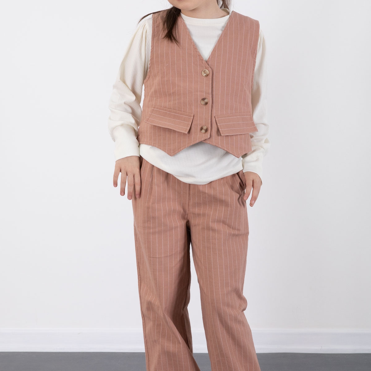 Cansın MiniKahve Çizgi Desenli Yelekli Geniş Paça Pantolonlu Kız Çocuk Badili 3lü Takım 20492