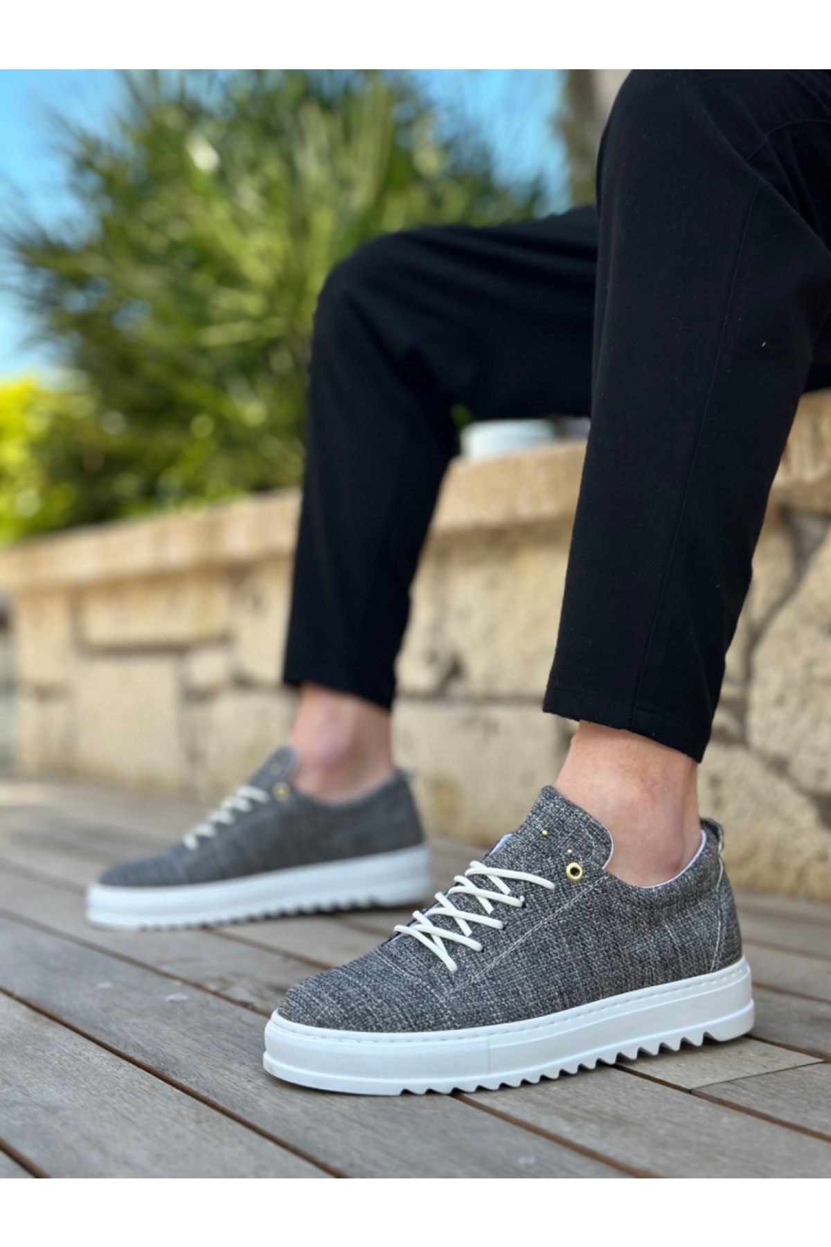 Bağcıklı Keten Erkek Ayakkabı GRİ (BEYAZ TABAN) - Görsel 2