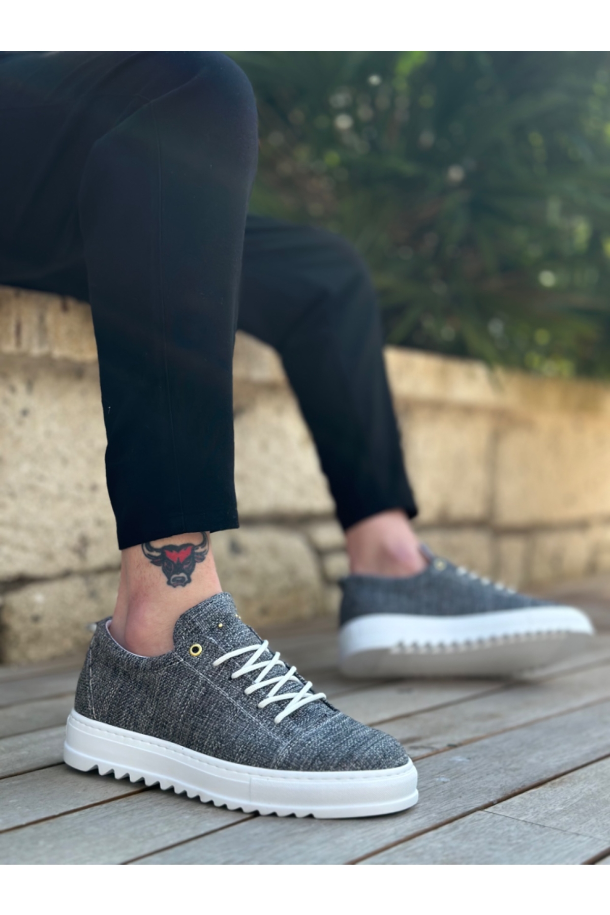 Bağcıklı Keten Erkek Ayakkabı GRİ (BEYAZ TABAN) - Görsel 3
