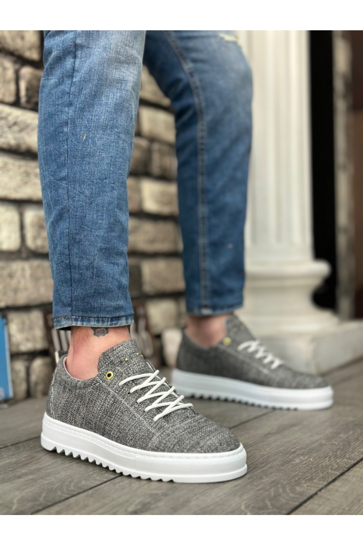 Bağcıklı Keten Erkek Ayakkabı GRİ (BEYAZ TABAN) - Görsel 5