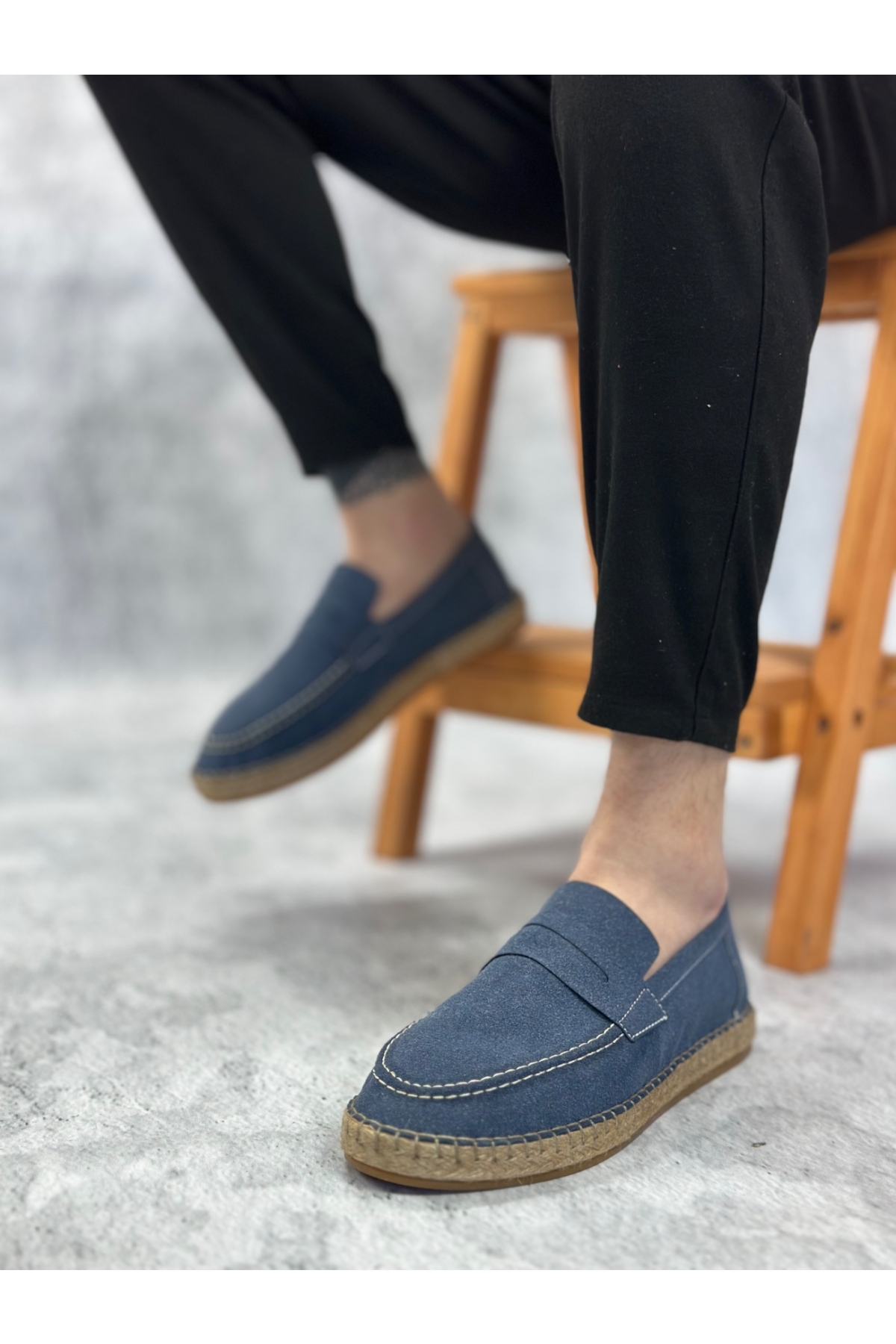 Bağcıksız Doğal Deri Tozu Kauçuk El Yapımı Espadril Erkek Ayakkabı MAVİ - Görsel 3