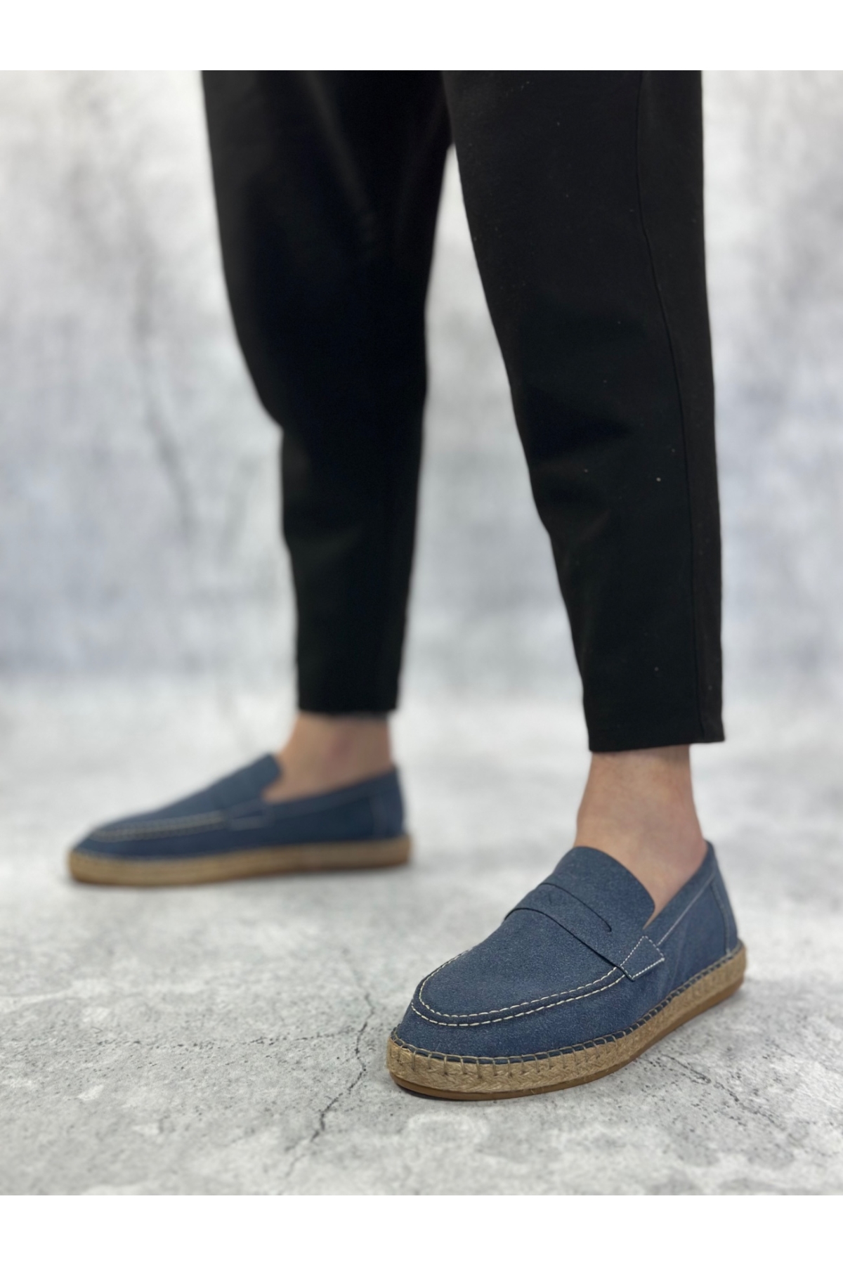 Bağcıksız Doğal Deri Tozu Kauçuk El Yapımı Espadril Erkek Ayakkabı MAVİ - Görsel 5