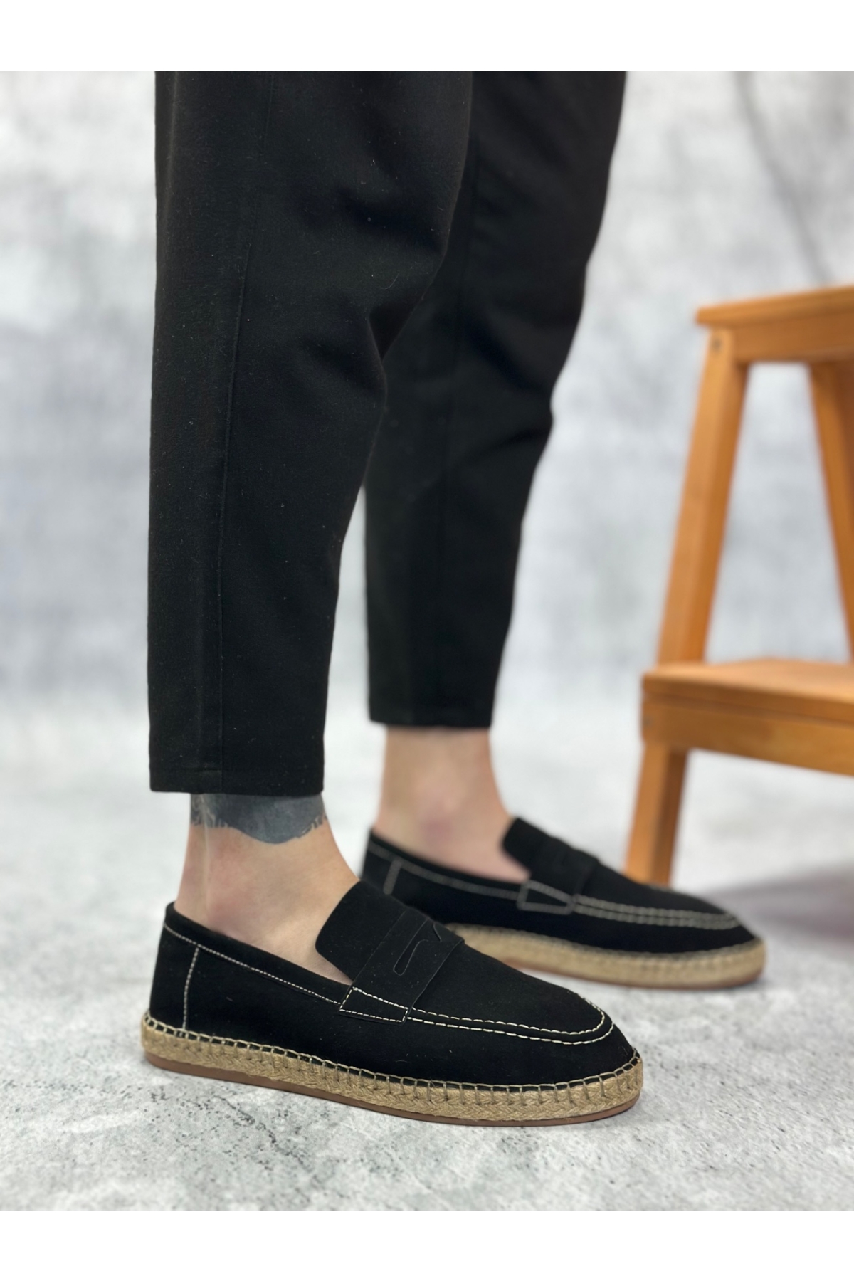 Bağcıksız Doğal Deri Tozu Kauçuk El Yapımı Espadril Erkek Ayakkabı SİYAH - Görsel 2