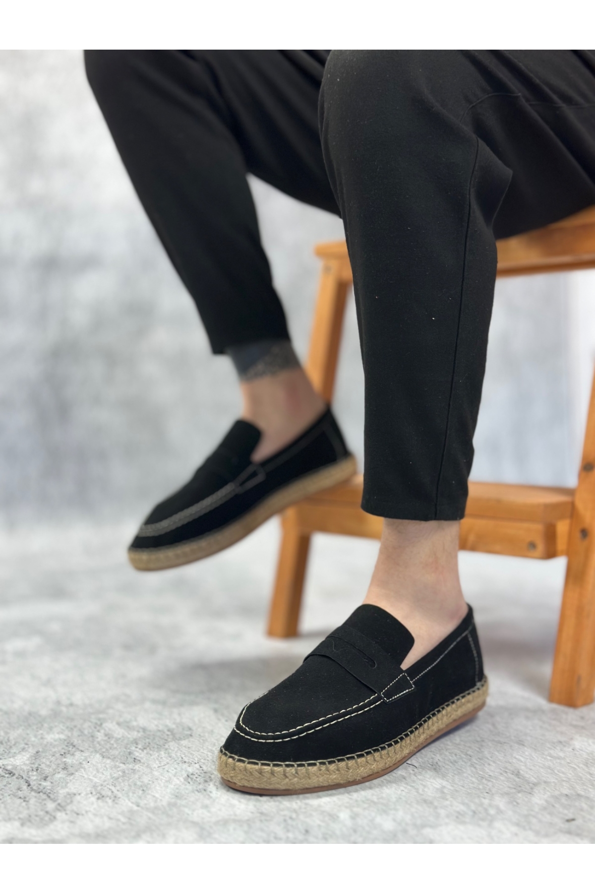 Bağcıksız Doğal Deri Tozu Kauçuk El Yapımı Espadril Erkek Ayakkabı SİYAH - Görsel 3
