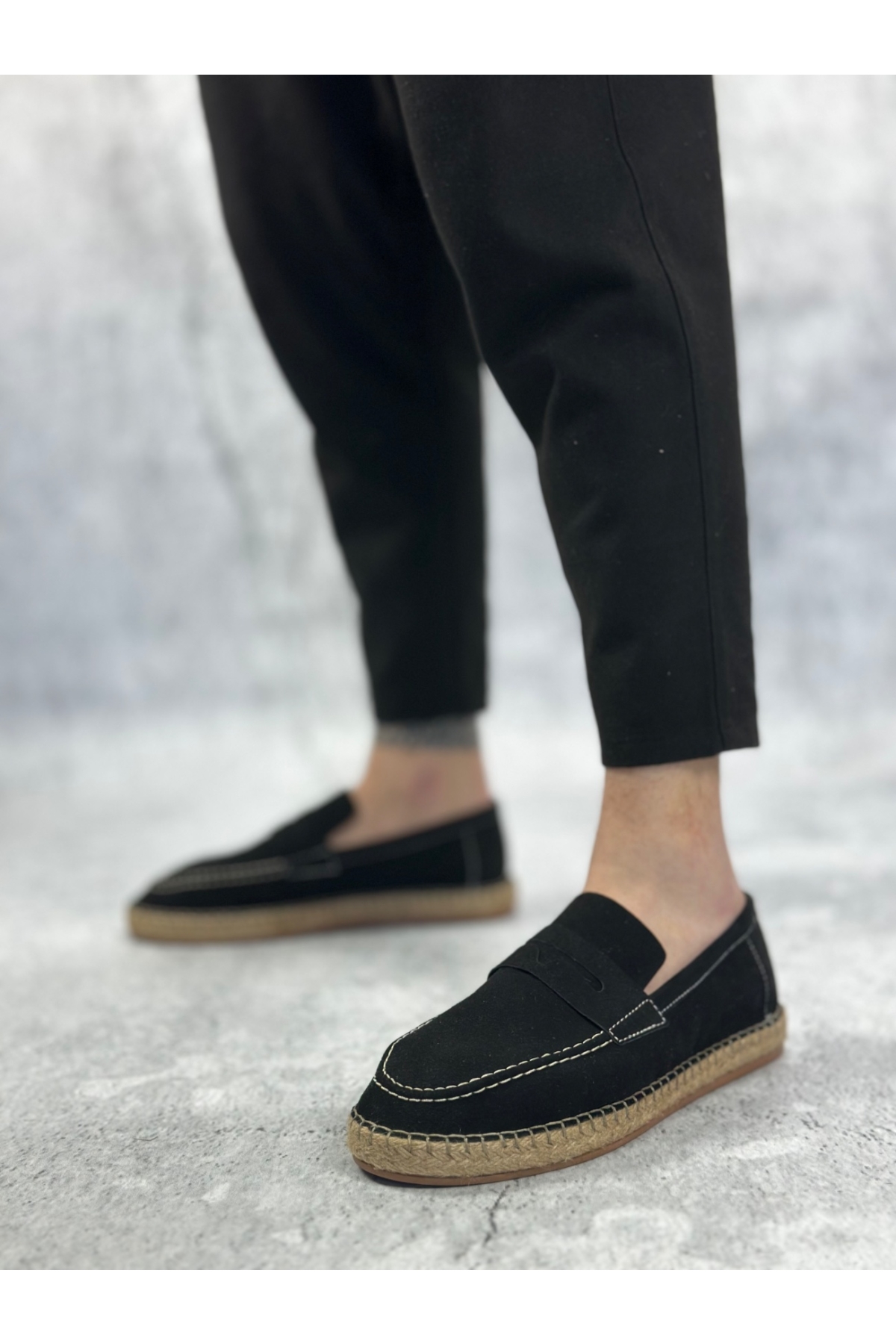 Bağcıksız Doğal Deri Tozu Kauçuk El Yapımı Espadril Erkek Ayakkabı SİYAH - Görsel 4