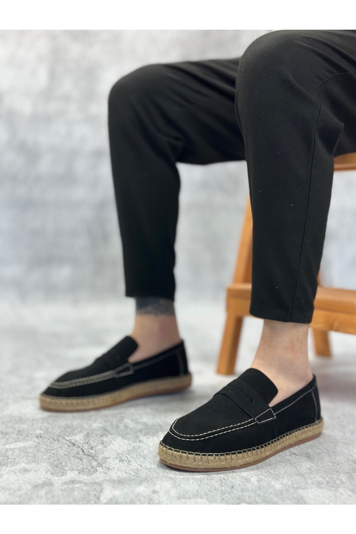 Bağcıksız Doğal Deri Tozu Kauçuk El Yapımı Espadril Erkek Ayakkabı SİYAH - Görsel 5