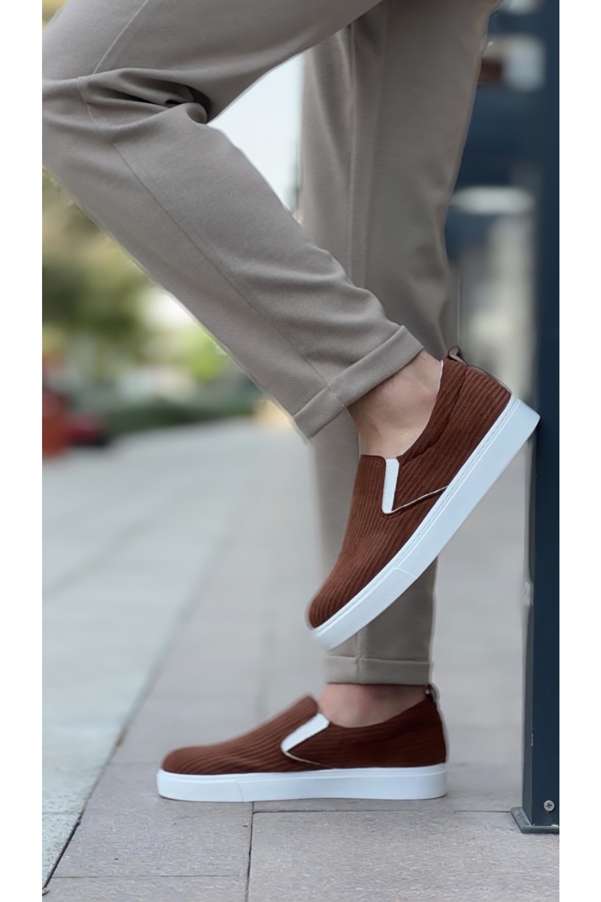 Bağcıksız Kadife Erkek Günlük Ayakkabı KAHVE (BEYAZ TABAN) - Görsel 3