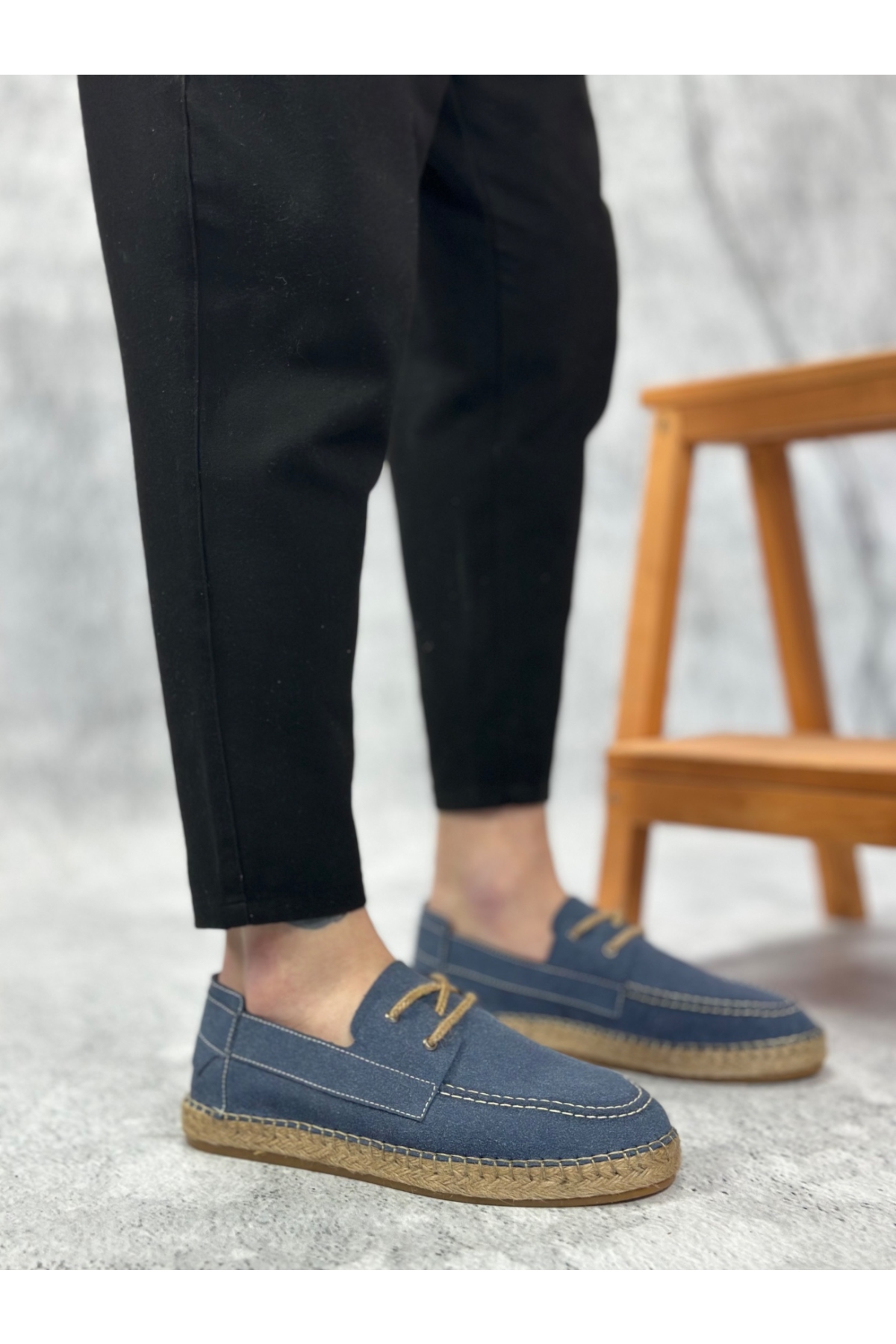 Bağcık Detaylı Doğal Deri Tozu Kauçuk El Yapımı Espadril Erkek Ayakkabı MAVİ - Görsel 2