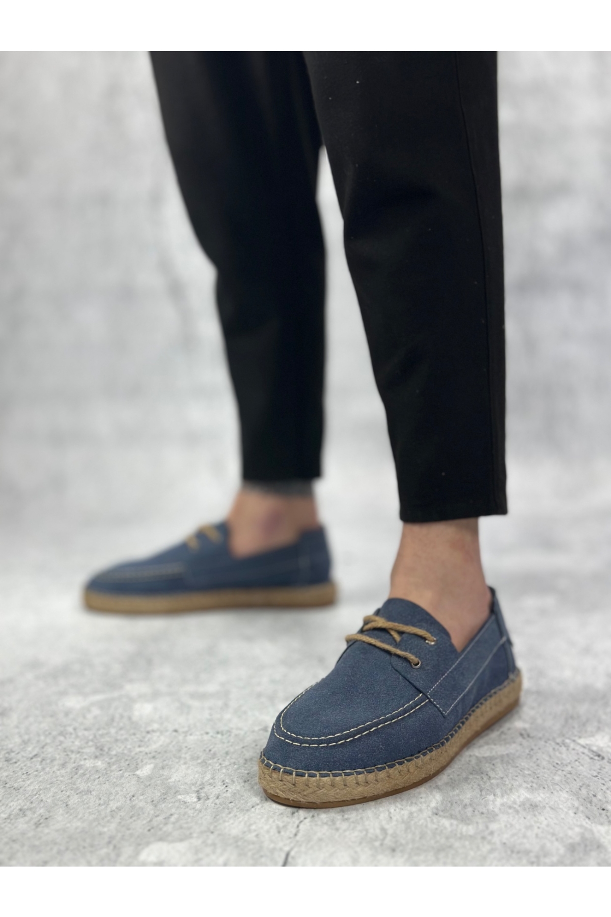 Bağcık Detaylı Doğal Deri Tozu Kauçuk El Yapımı Espadril Erkek Ayakkabı MAVİ - Görsel 3