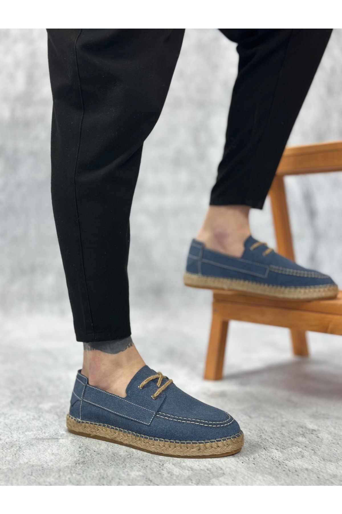 Bağcık Detaylı Doğal Deri Tozu Kauçuk El Yapımı Espadril Erkek Ayakkabı MAVİ - Görsel 4