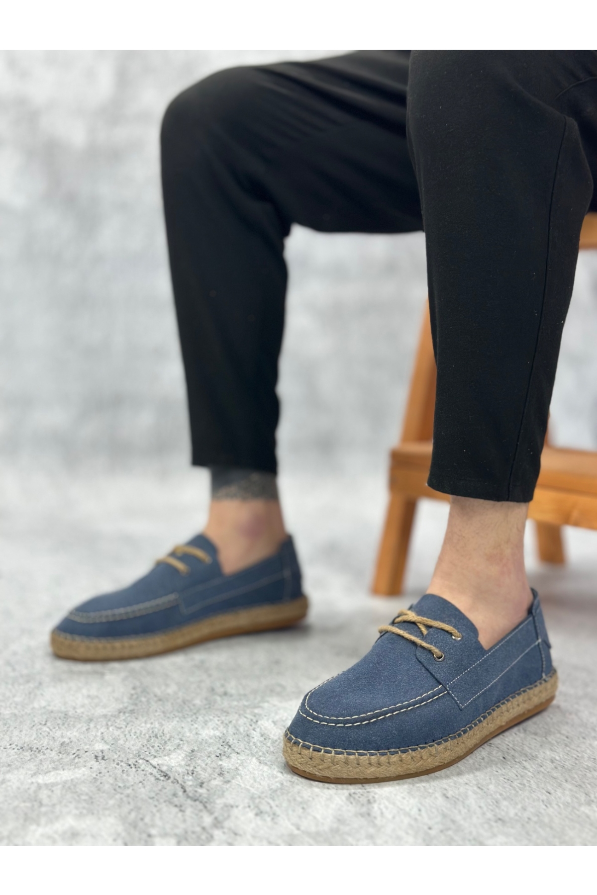 Bağcık Detaylı Doğal Deri Tozu Kauçuk El Yapımı Espadril Erkek Ayakkabı MAVİ - Görsel 5