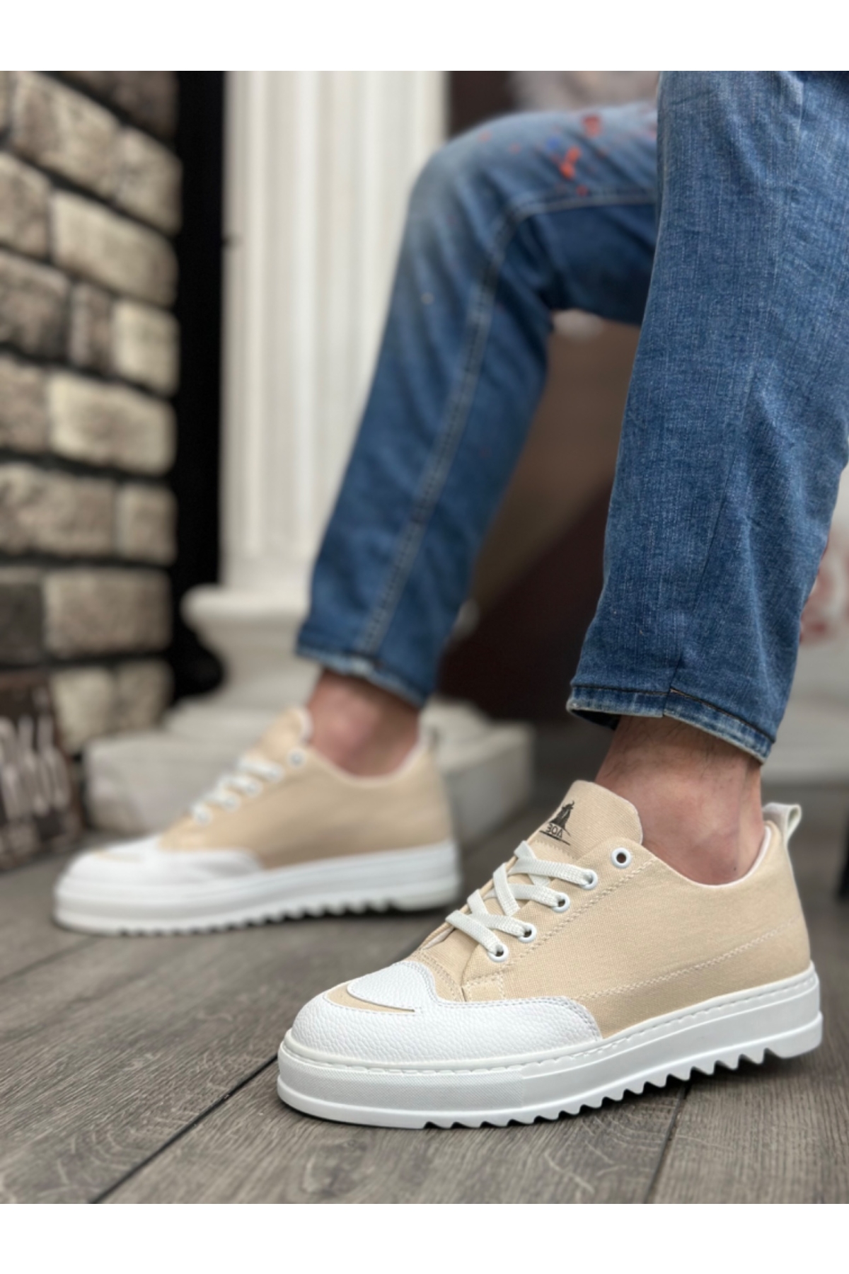 Bağcıklı Erkek Spor Ayakkabı KREM (BEYAZ TABAN) - Görsel 3