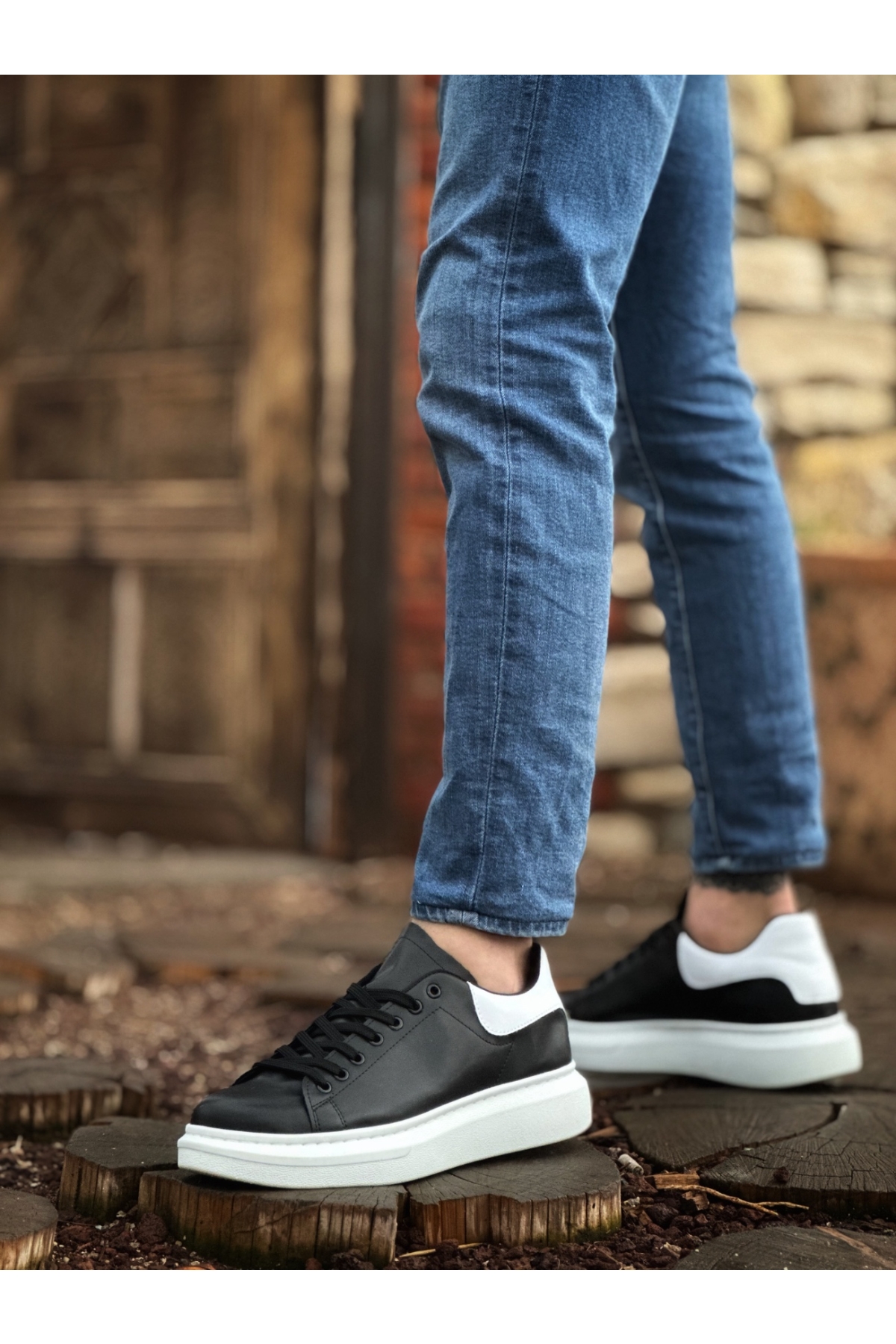 Bağcıklı Erkek Spor Ayakkabı SİYAH BEYAZ (BEYAZ TABAN) - Görsel 3