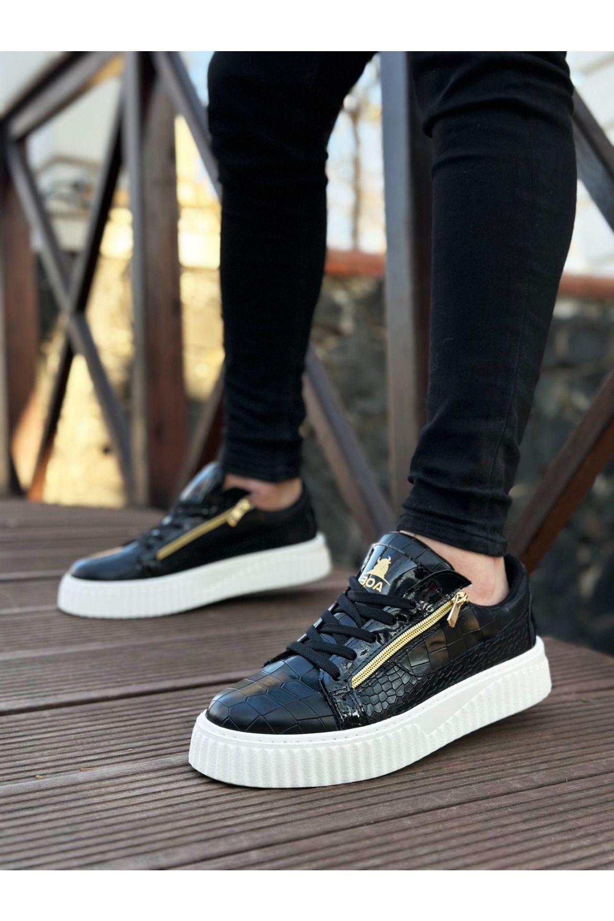 Bağcıklı Çift Fermuarlı Erkek Ayakkabı SİYAH (BEYAZ TABAN) - Görsel 2