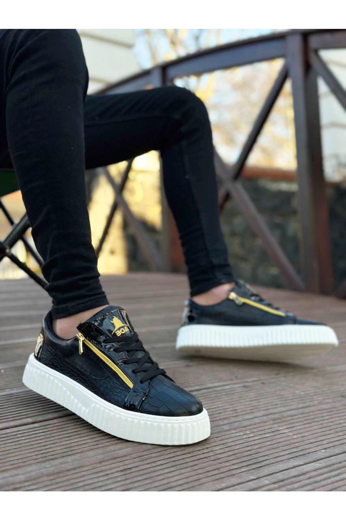 Bağcıklı Çift Fermuarlı Erkek Ayakkabı SİYAH (BEYAZ TABAN) - Görsel 3