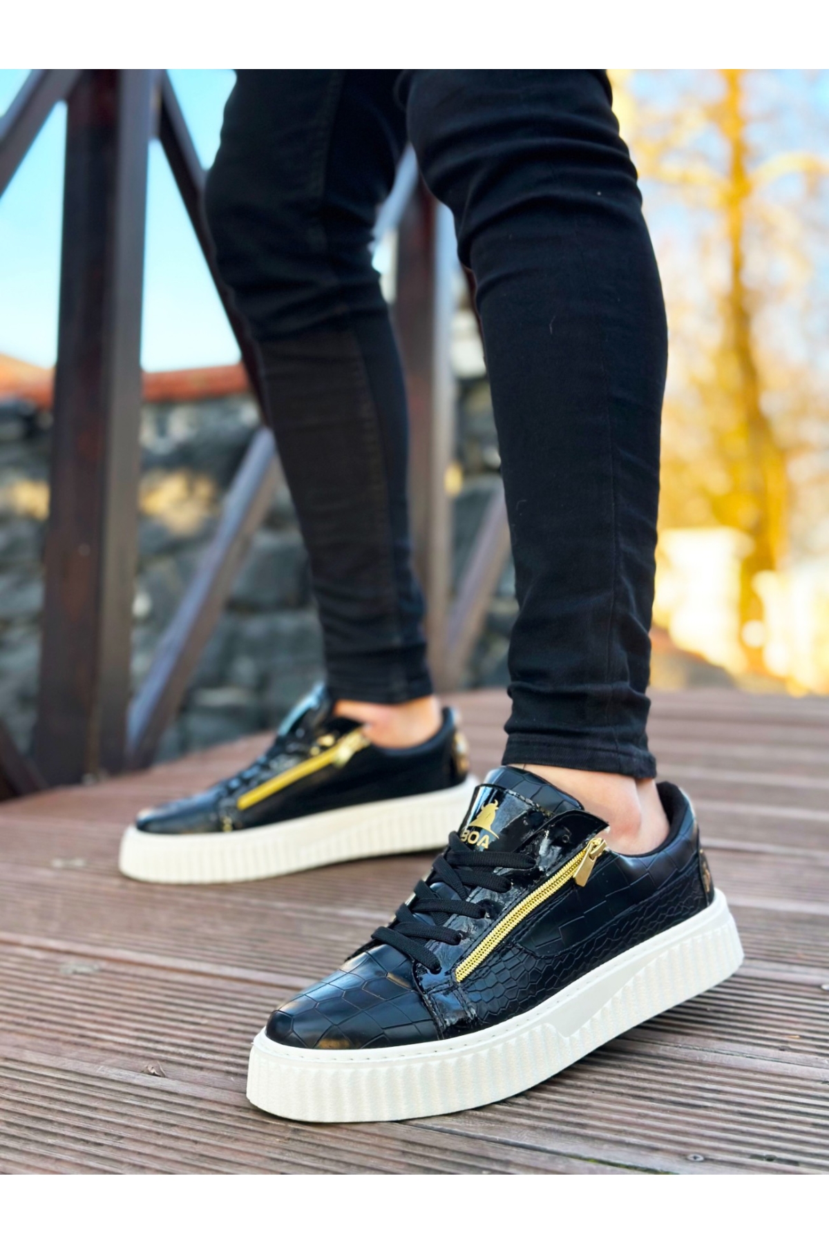 Bağcıklı Çift Fermuarlı Erkek Ayakkabı SİYAH (BEYAZ TABAN) - Görsel 4