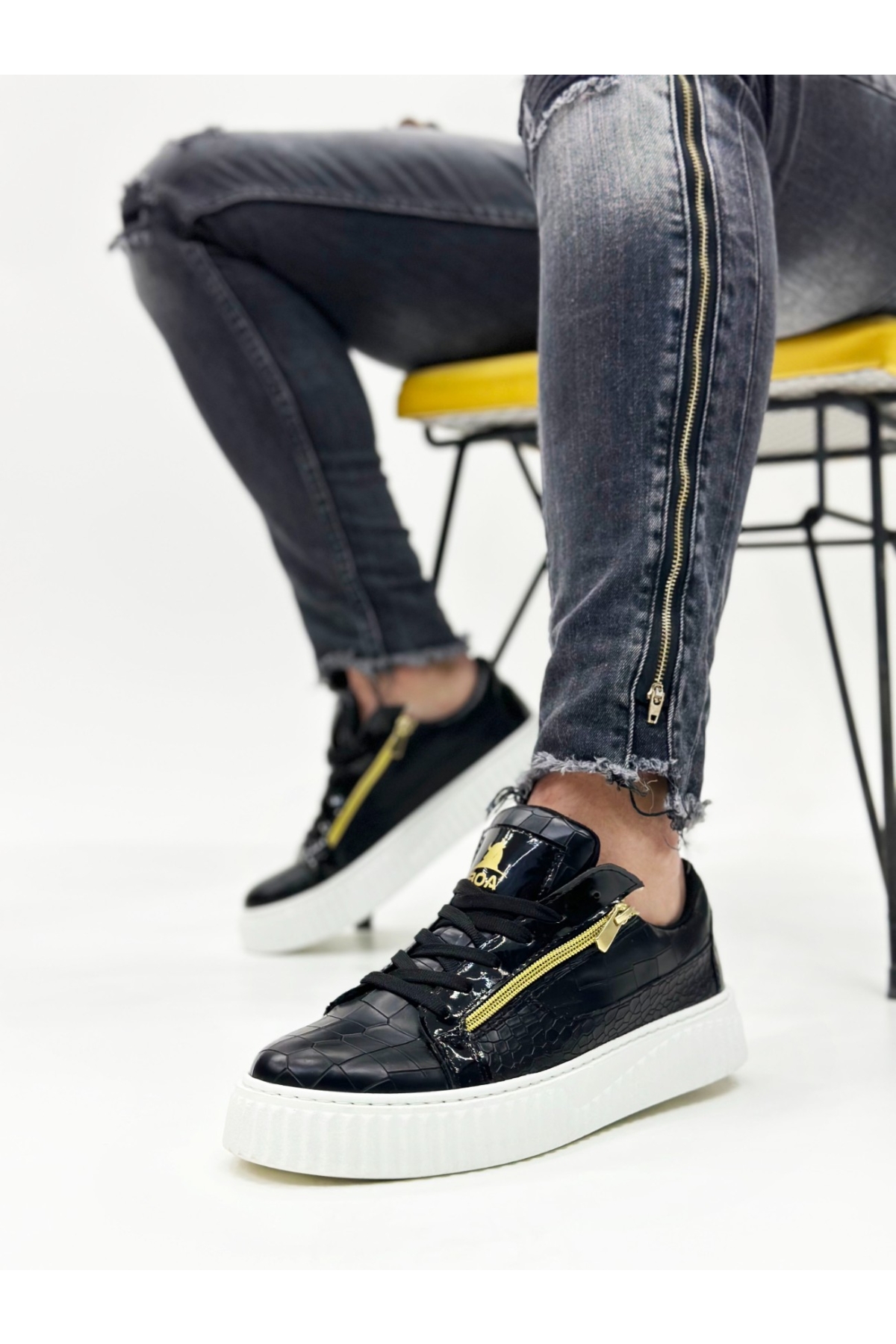 Bağcıklı Çift Fermuarlı Erkek Ayakkabı SİYAH (BEYAZ TABAN) - Görsel 5