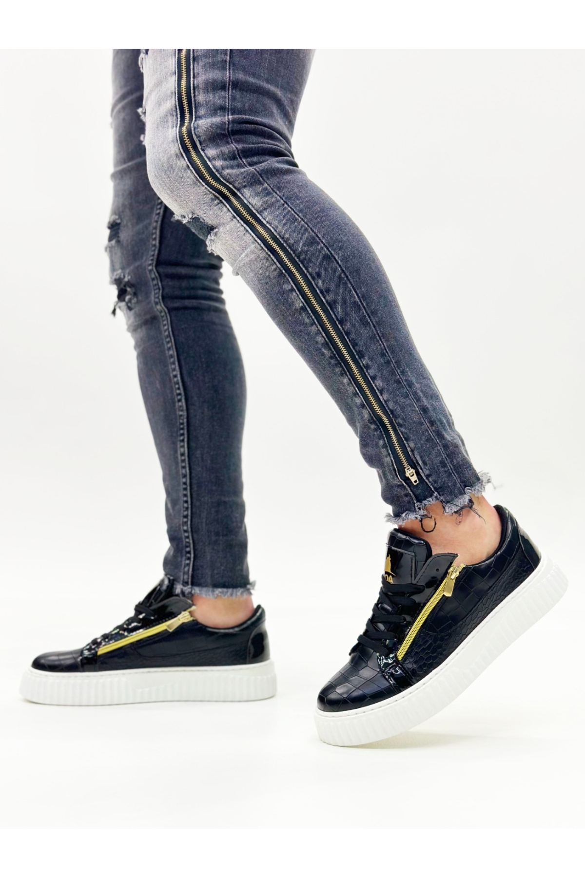 Bağcıklı Çift Fermuarlı Erkek Ayakkabı SİYAH (BEYAZ TABAN) - Görsel 6