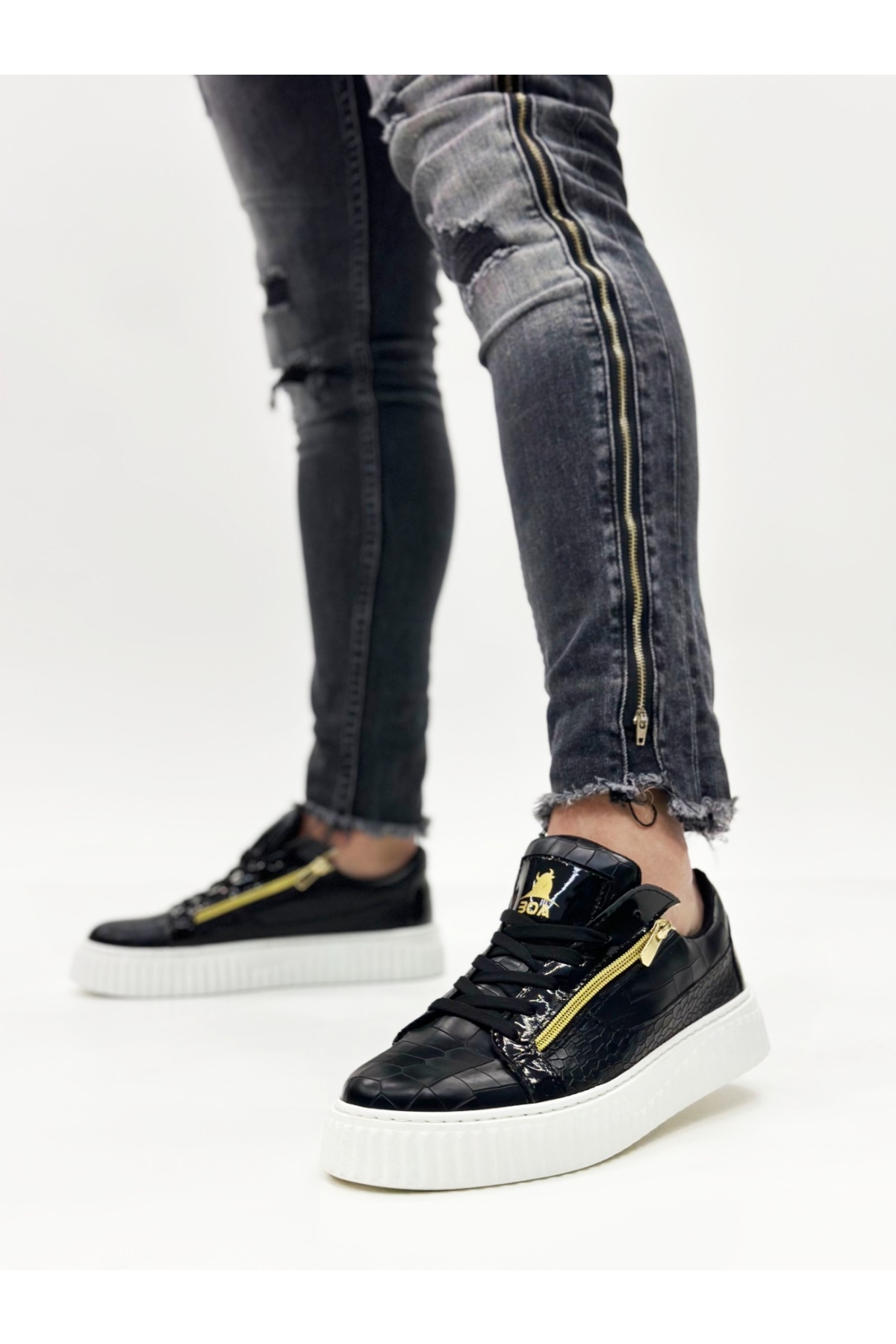 Bağcıklı Çift Fermuarlı Erkek Ayakkabı SİYAH (BEYAZ TABAN) - Görsel 7