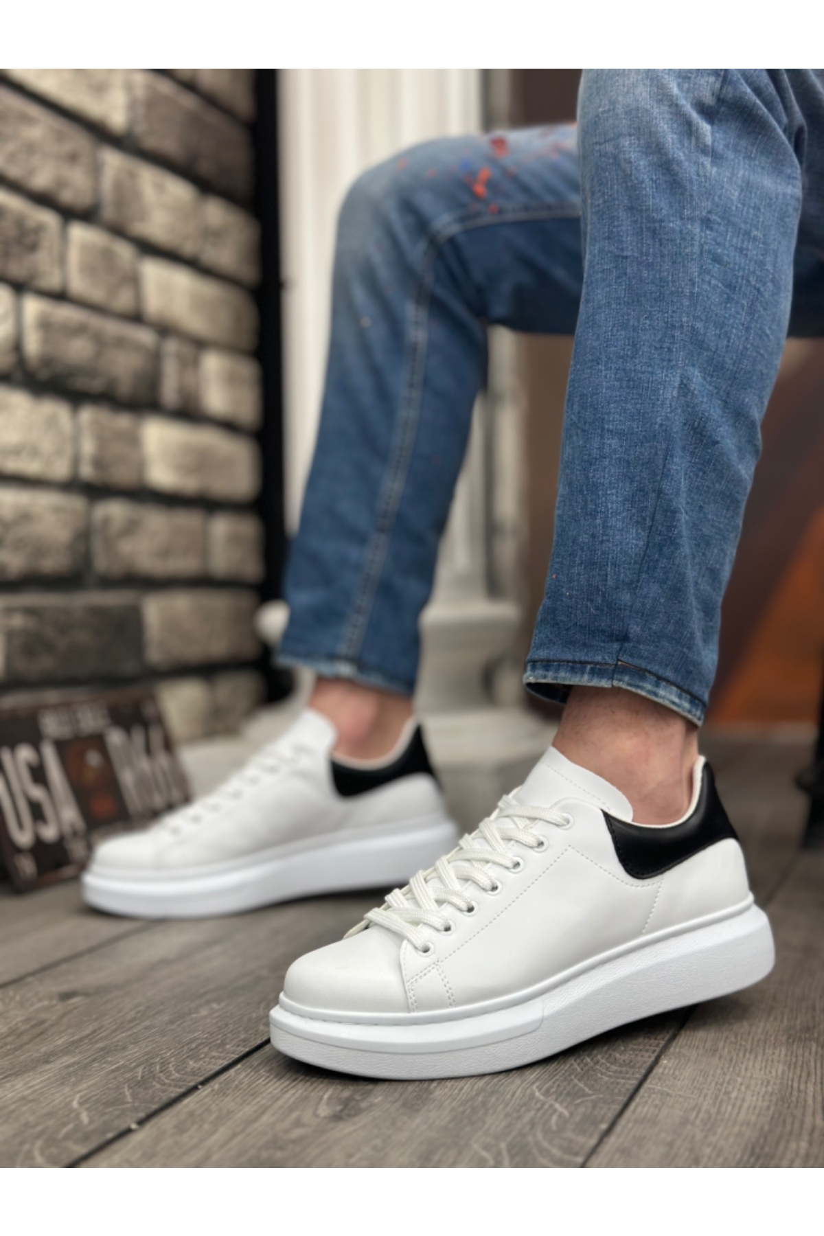 Bağcıklı Erkek Spor Ayakkabı BEYAZ SİYAH (BEYAZ TABAN) - Görsel 3