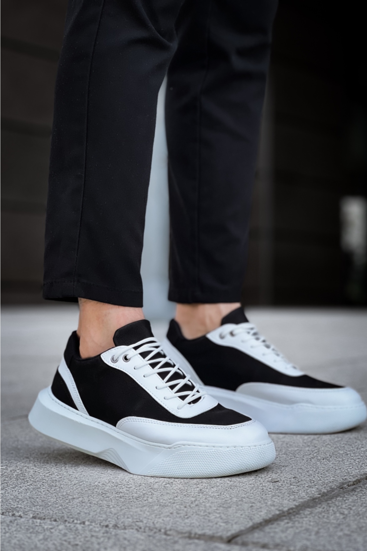 Bağcıklı Erkek Spor Ayakkabı SİYAH BEYAZ (BEYAZ TABAN) - Görsel 2