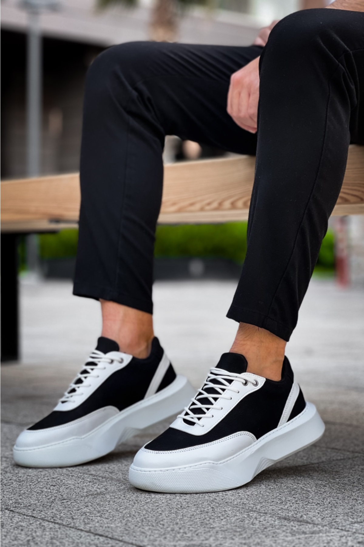 Bağcıklı Erkek Spor Ayakkabı SİYAH BEYAZ (BEYAZ TABAN) - Görsel 3