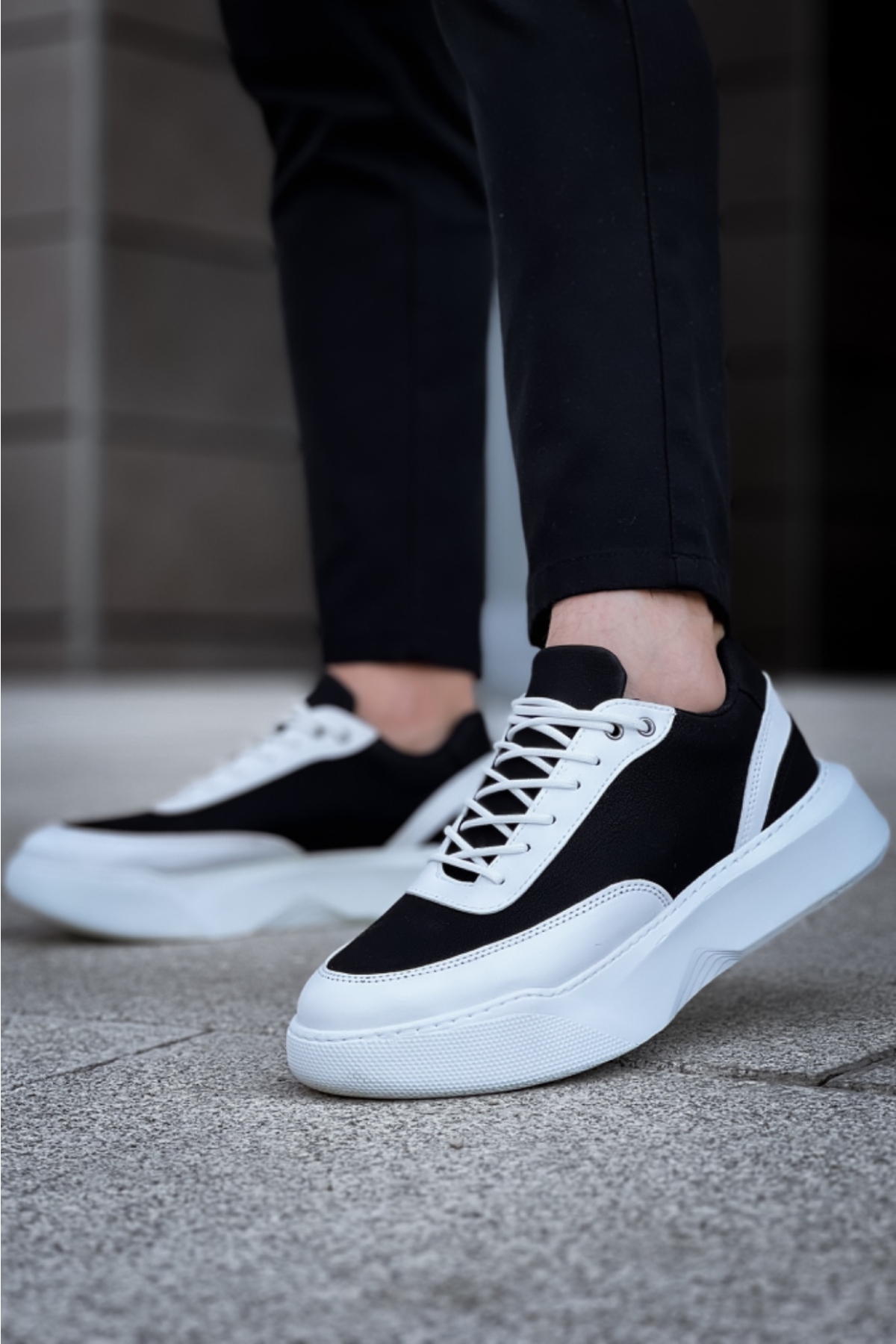 Bağcıklı Erkek Spor Ayakkabı SİYAH BEYAZ (BEYAZ TABAN) - Görsel 5