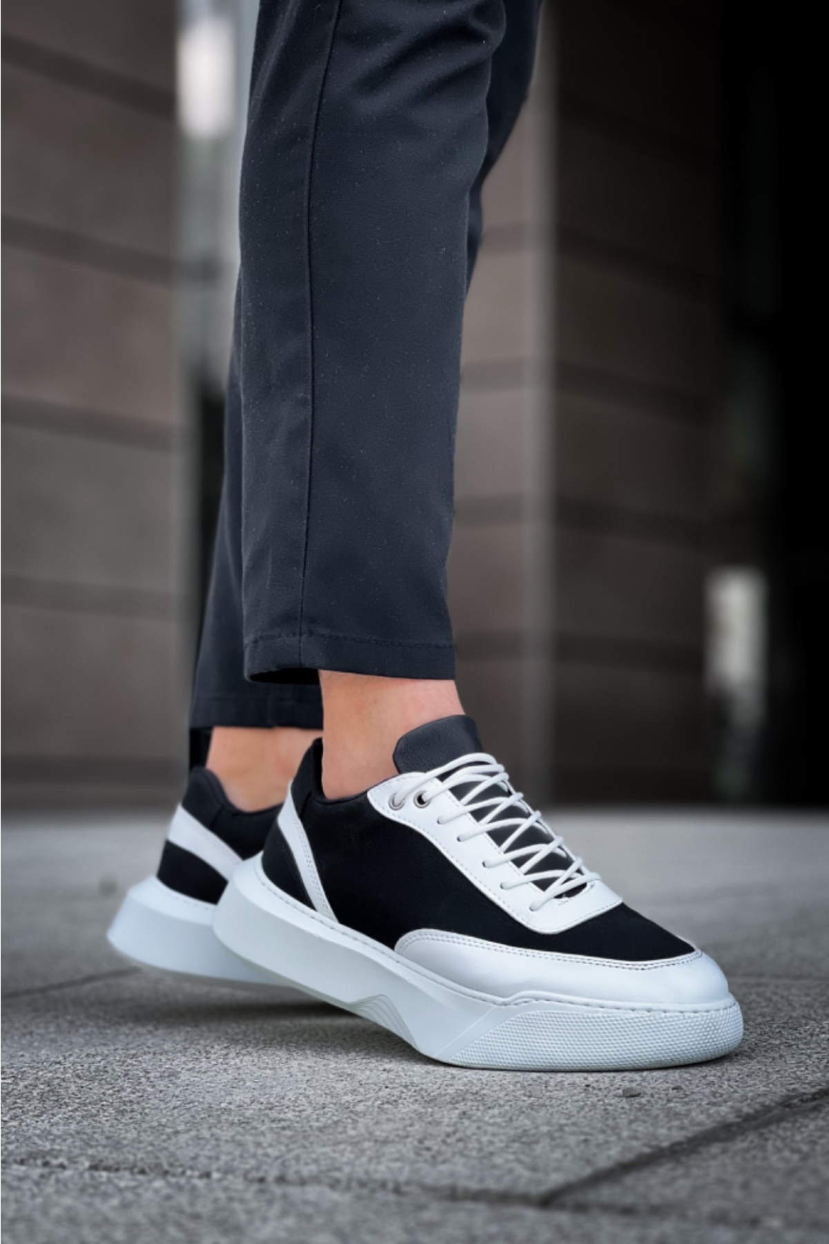 Bağcıklı Erkek Spor Ayakkabı SİYAH BEYAZ (BEYAZ TABAN) - Görsel 6