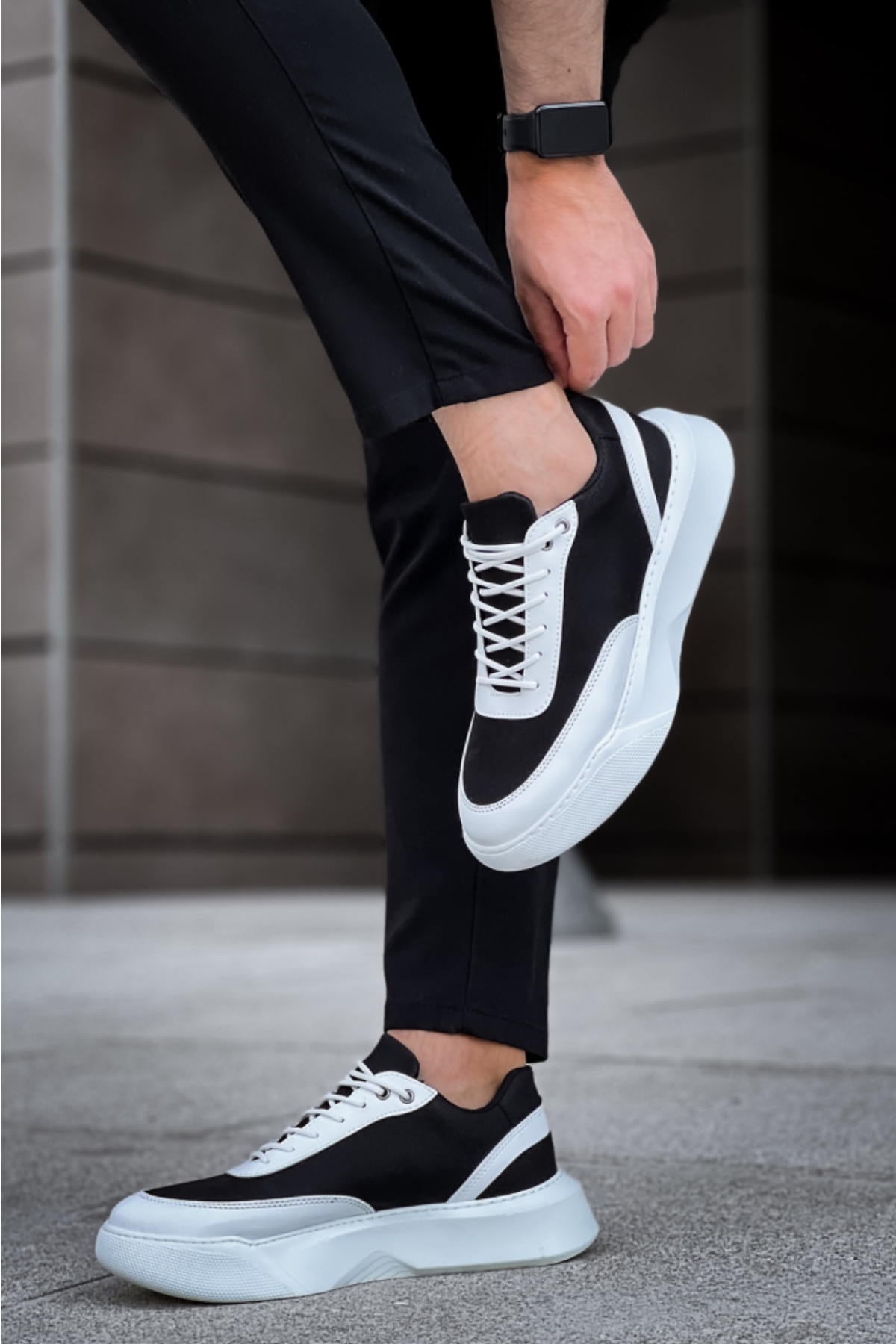 Bağcıklı Erkek Spor Ayakkabı SİYAH BEYAZ (BEYAZ TABAN) - Görsel 7