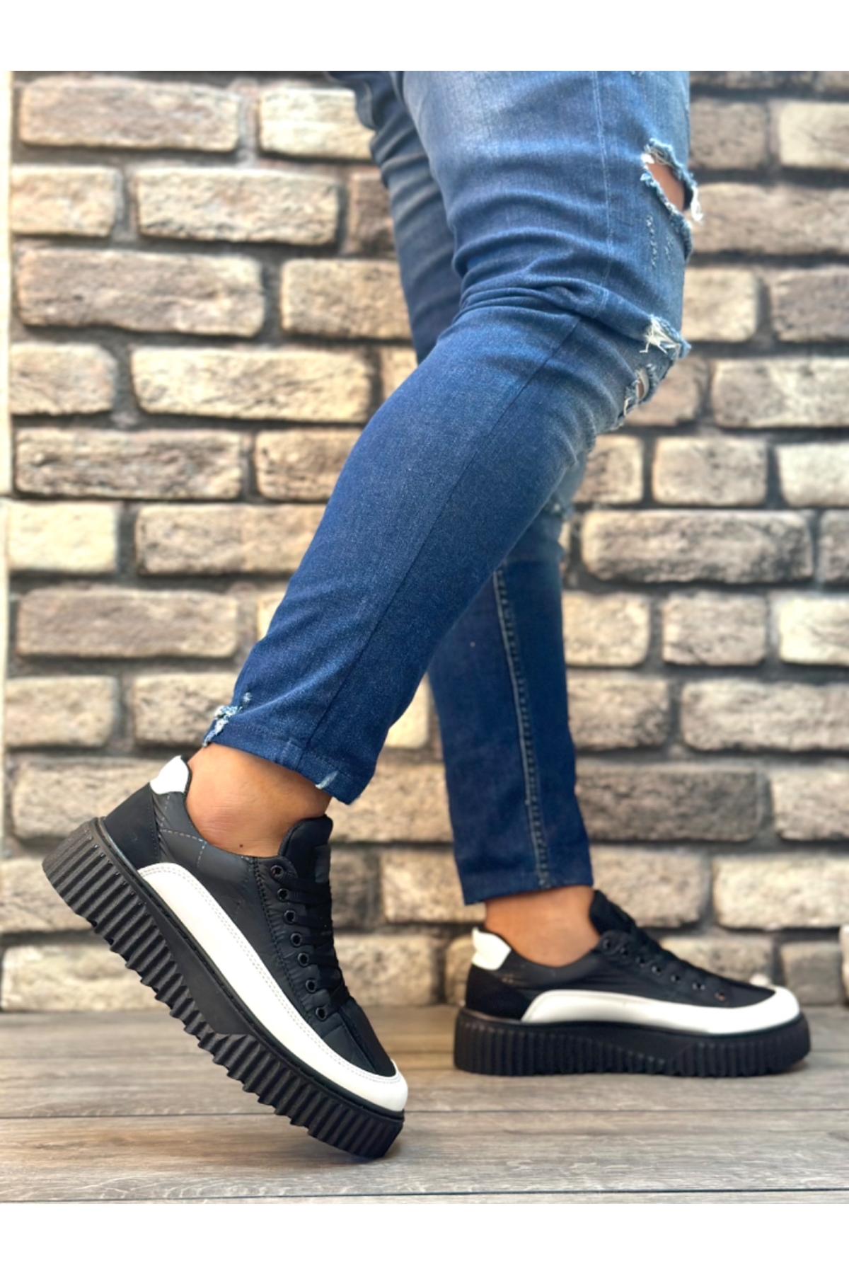 Bağcıklı Paraşüt Kumaş Erkek Spor Ayakkabı SİYAH BEYAZ (SİYAH TABAN) - Görsel 4