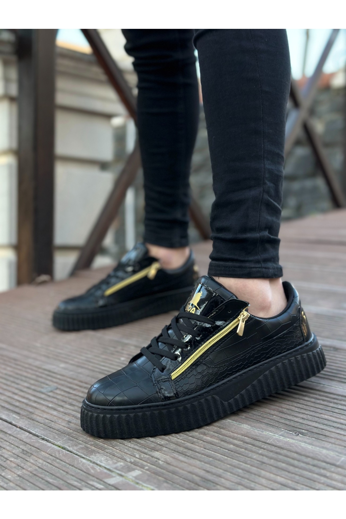 Bağcıklı Çift Fermuarlı Erkek Ayakkabı SİYAH (SİYAH TABAN) - Görsel 4