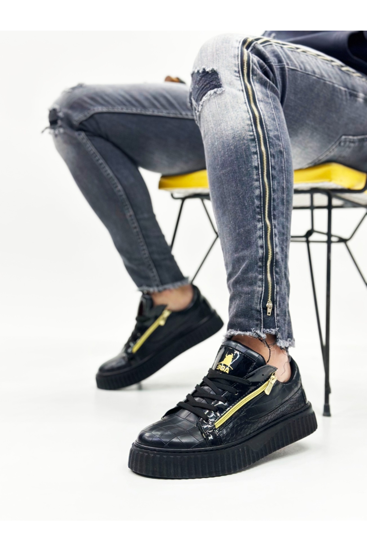 Bağcıklı Çift Fermuarlı Erkek Ayakkabı SİYAH (SİYAH TABAN) - Görsel 5