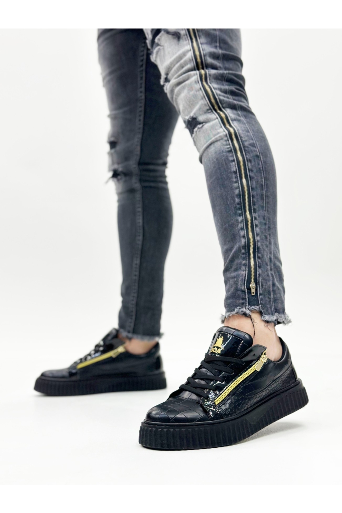 Bağcıklı Çift Fermuarlı Erkek Ayakkabı SİYAH (SİYAH TABAN) - Görsel 6