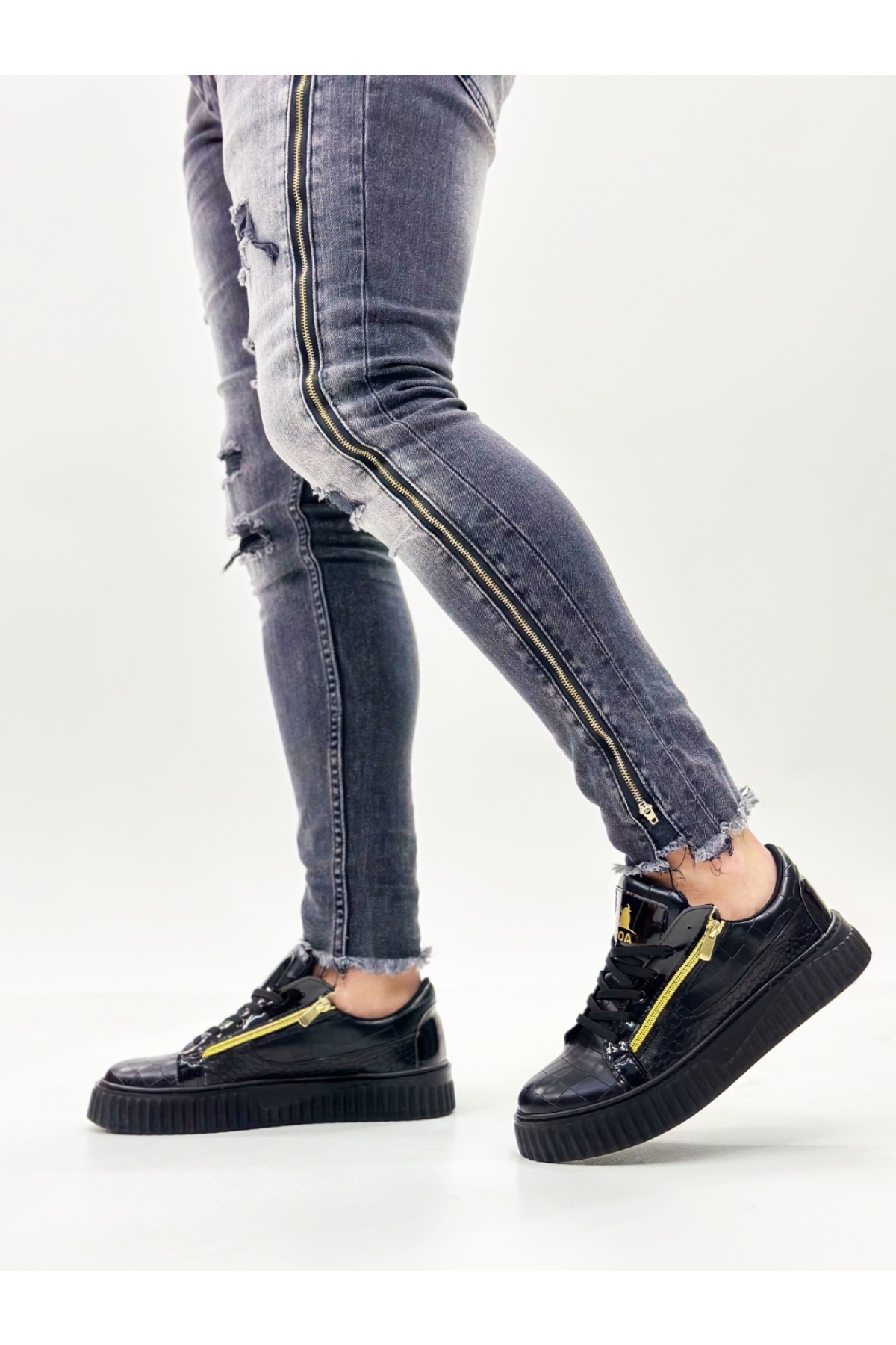 Bağcıklı Çift Fermuarlı Erkek Ayakkabı SİYAH (SİYAH TABAN) - Görsel 7