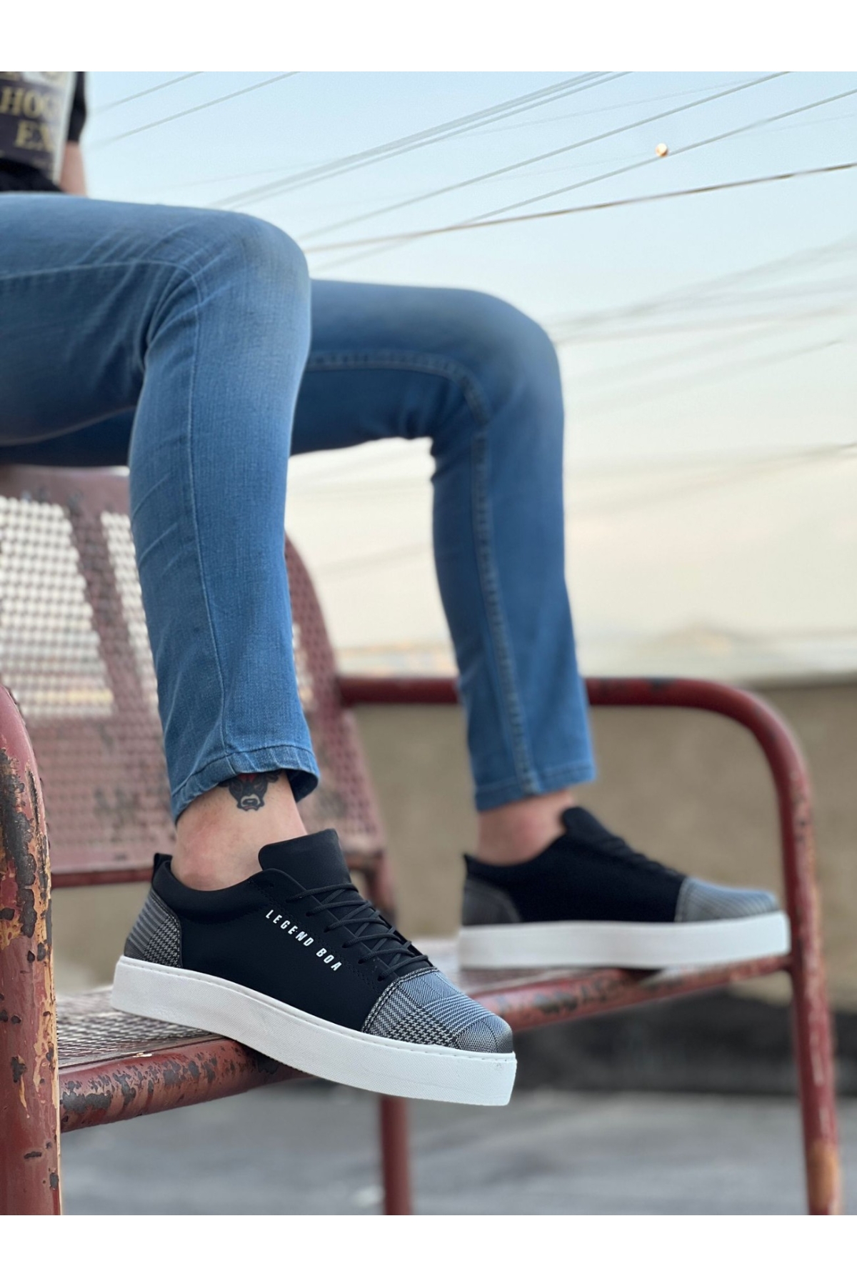 Bağcıklı Ekose Detaylı Erkek Spor Ayakkabı SİYAH SÜET (BEYAZ TABAN) - Görsel 2