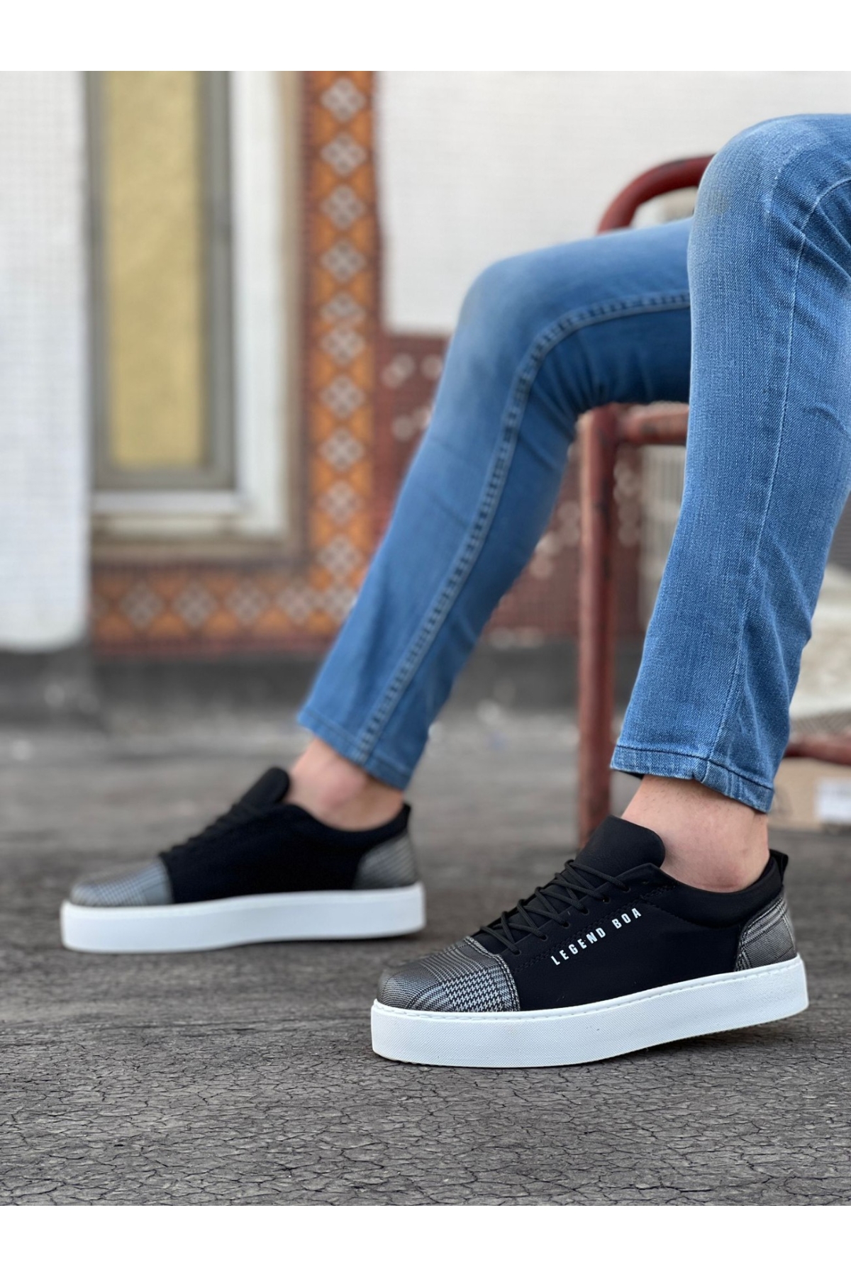 Bağcıklı Ekose Detaylı Erkek Spor Ayakkabı SİYAH SÜET (BEYAZ TABAN) - Görsel 3