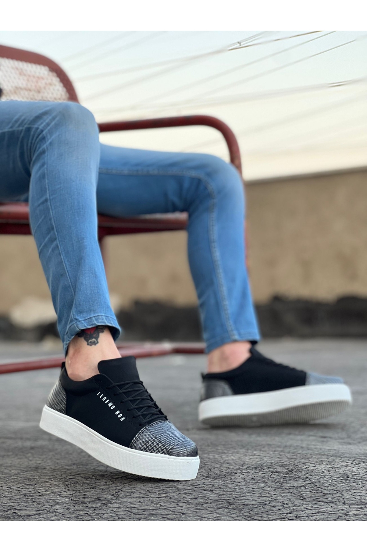 Bağcıklı Ekose Detaylı Erkek Spor Ayakkabı SİYAH SÜET (BEYAZ TABAN) - Görsel 4